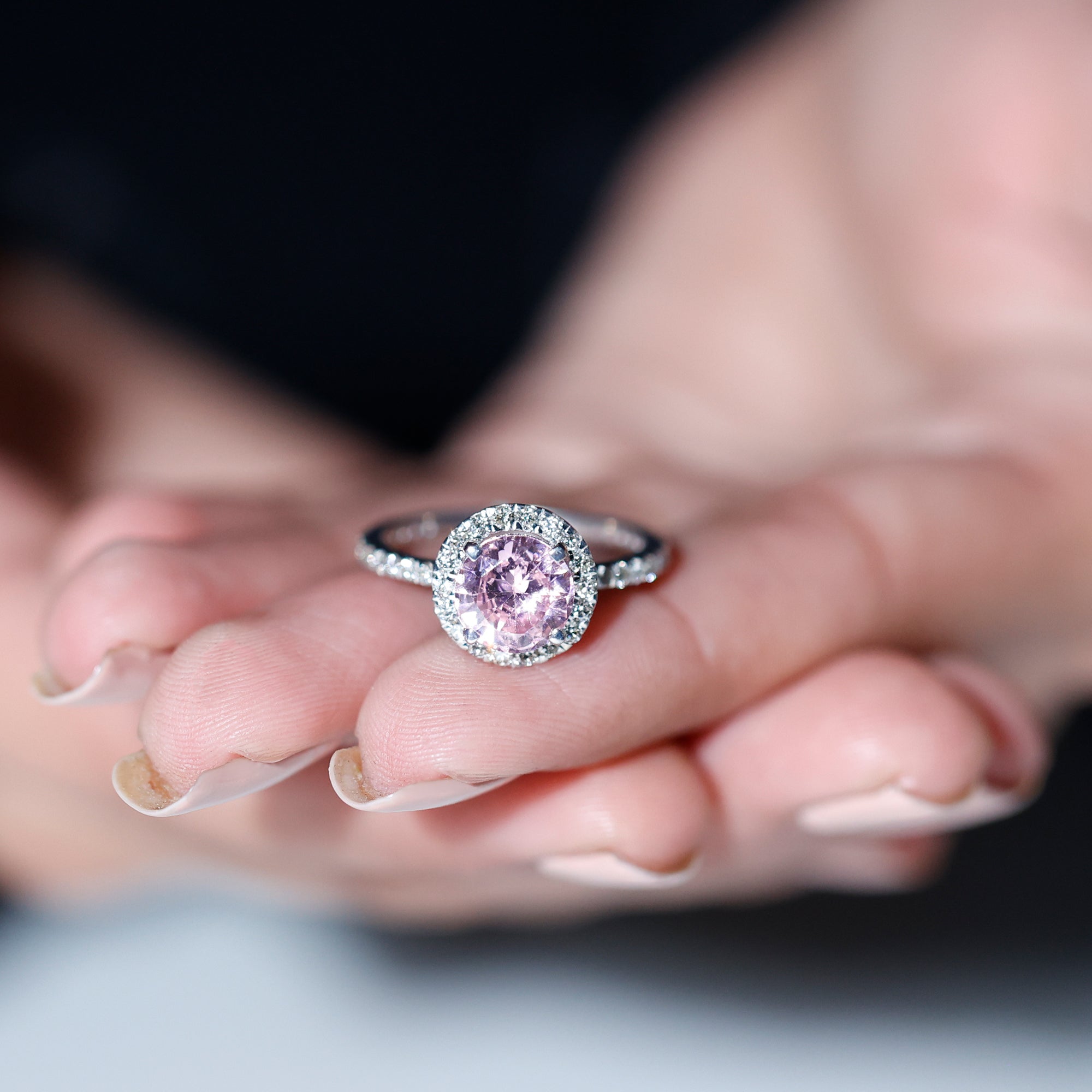 Round Lab Created Pink Sapphire Halo Engagement Ring with Diamond Lab Created Pink Sapphire - ( AAAA ) - Quality 92.5 Sterling Silver 7.5 - Rosec Jewels