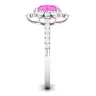 Created Pink Sapphire Cocktail Ring with Moissanite Floral Halo Lab Created Pink Sapphire - ( AAAA ) - Quality - Rosec Jewels