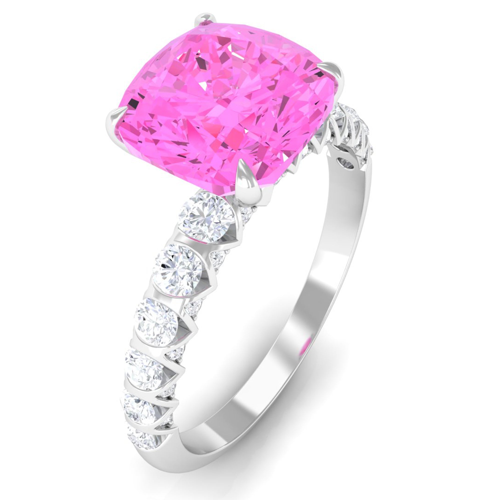 Created Pink Sapphire Engagement Ring with Diamond Lab Created Pink Sapphire - ( AAAA ) - Quality - Rosec Jewels