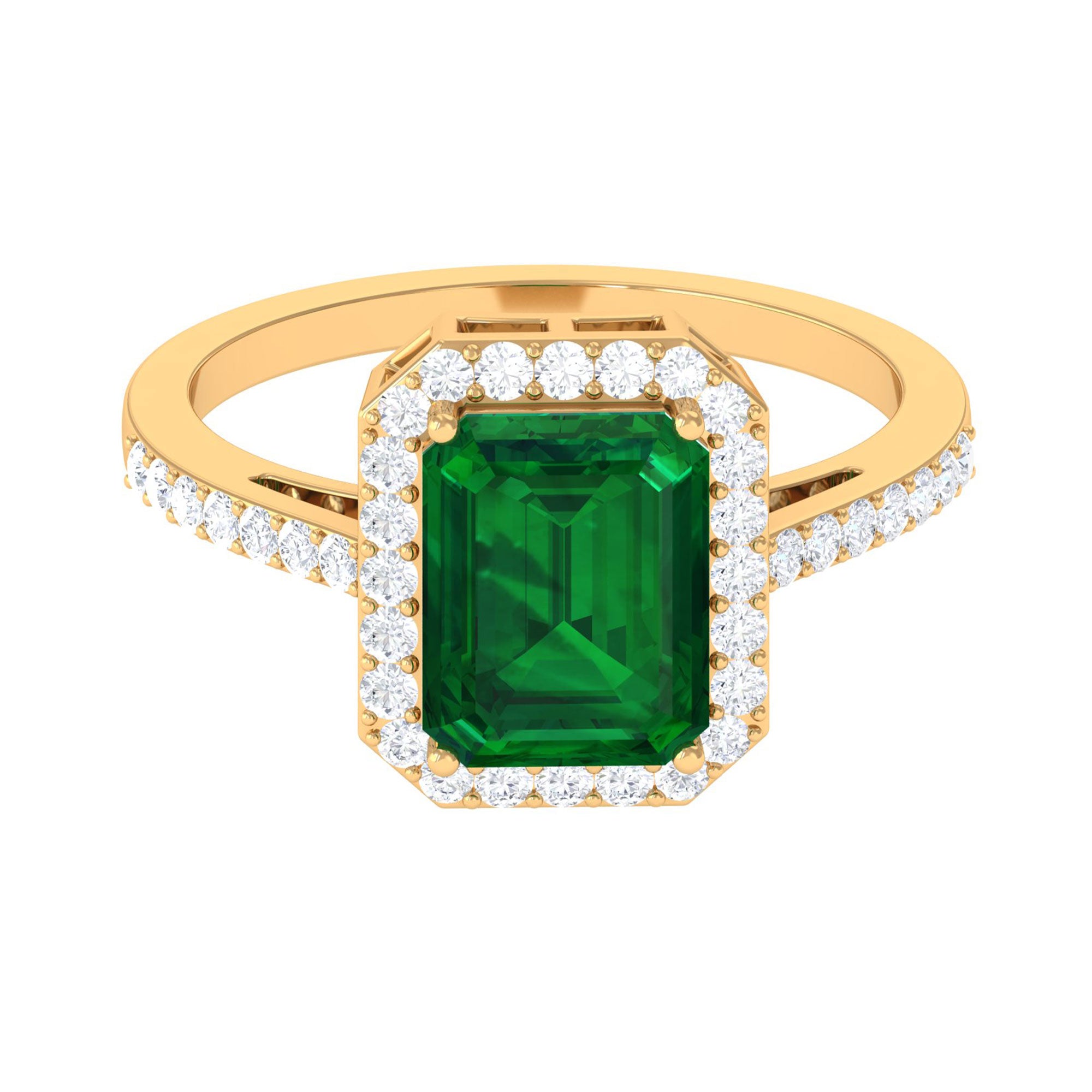 Big Octagon Cut Created Emerald Halo Engagement Ring with Diamond Lab Created Emerald - ( AAAA ) - Quality - Rosec Jewels