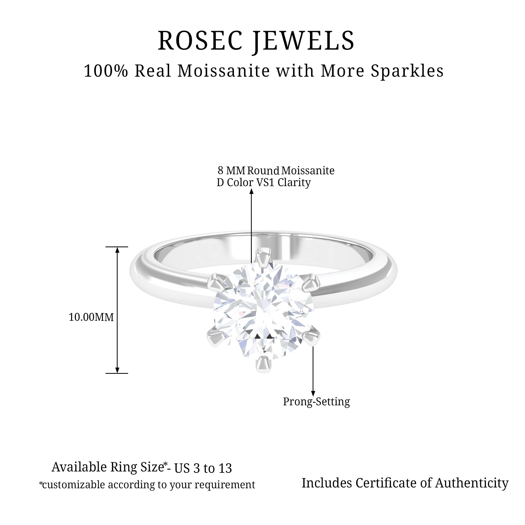 Round Moissanite Solitaire Ring in 6 Prong Setting Moissanite - ( D-VS1 ) - Color and Clarity - Rosec Jewels