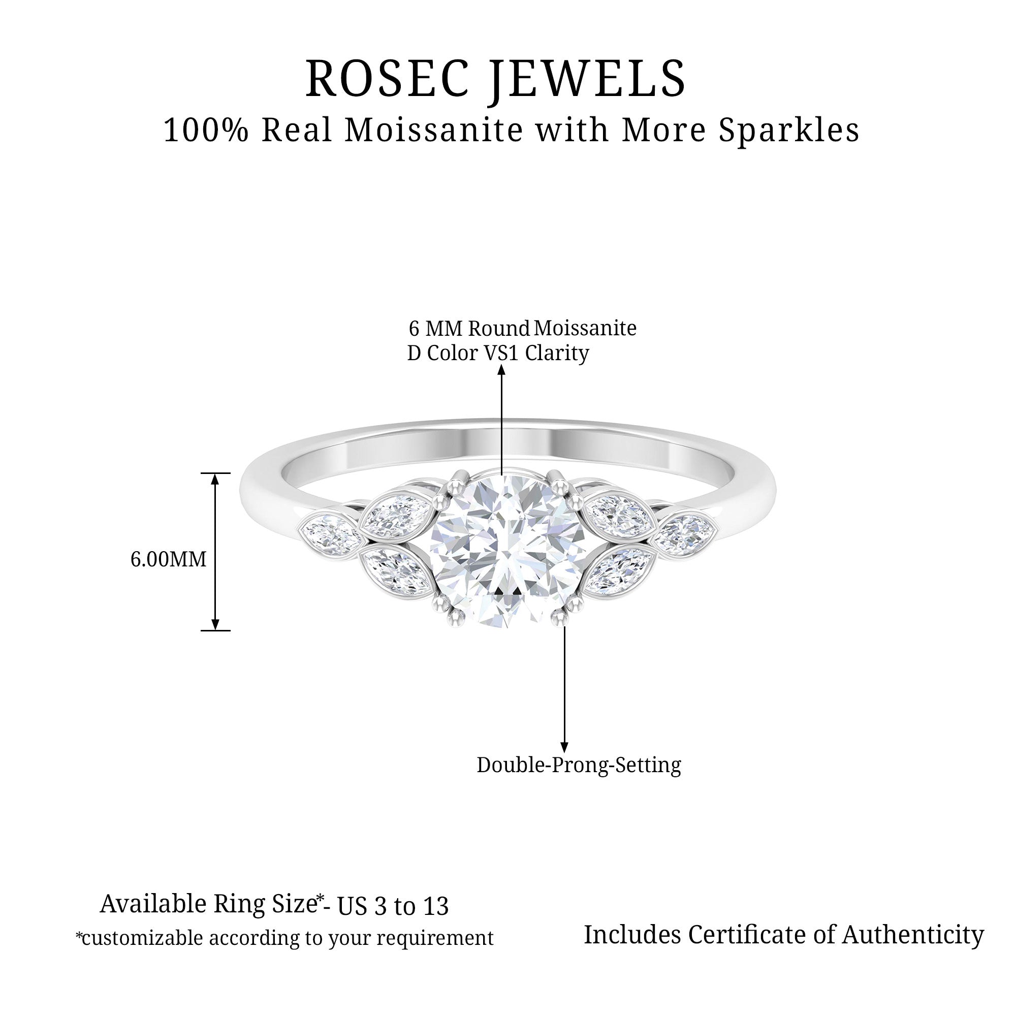 1.25 CT Double Prong Moissanite Solitaire Engagement Ring Moissanite - ( D-VS1 ) - Color and Clarity - Rosec Jewels