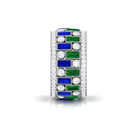 Lab Grown Emerald And Blue Sapphire Wide Wedding Band With Moissanite Lab Created Blue Sapphire - ( AAAA ) - Quality - Rosec Jewels