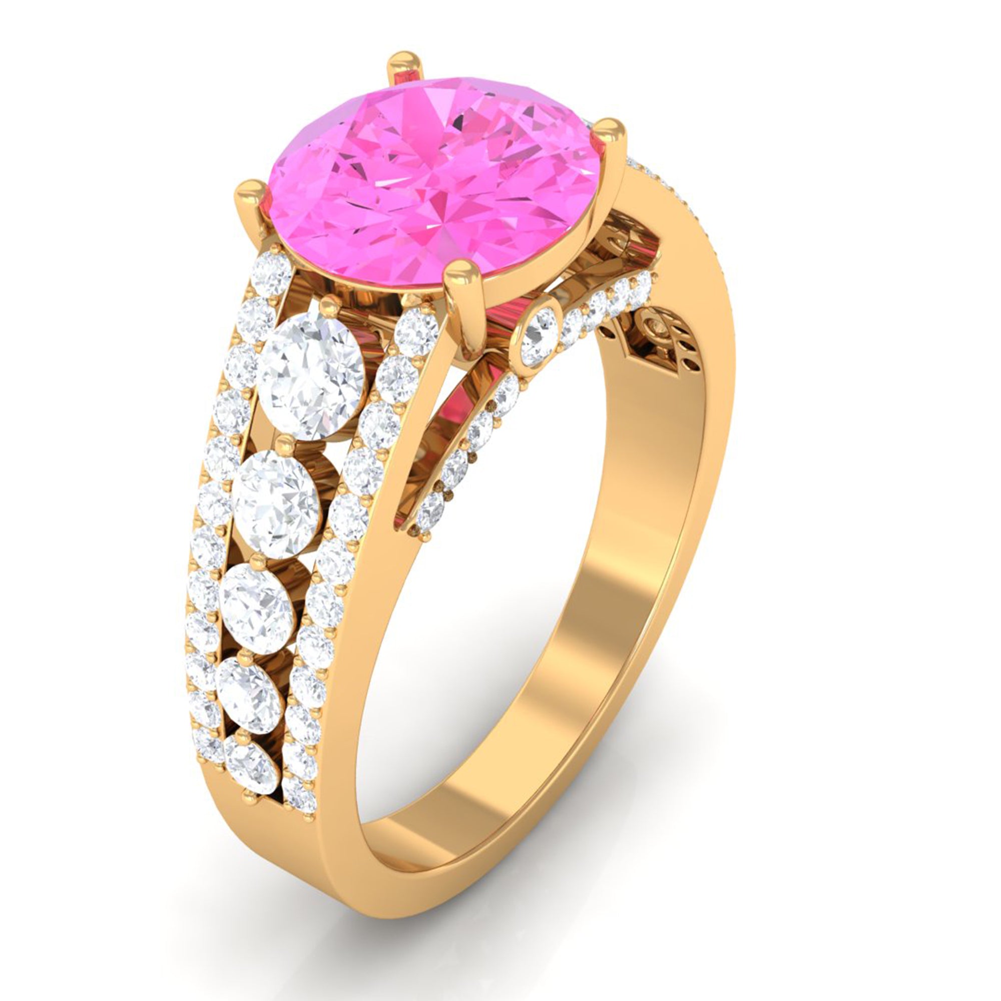 Created Pink Sapphire Engagement Ring with Moissanite Side Stones Lab Created Pink Sapphire - ( AAAA ) - Quality - Rosec Jewels