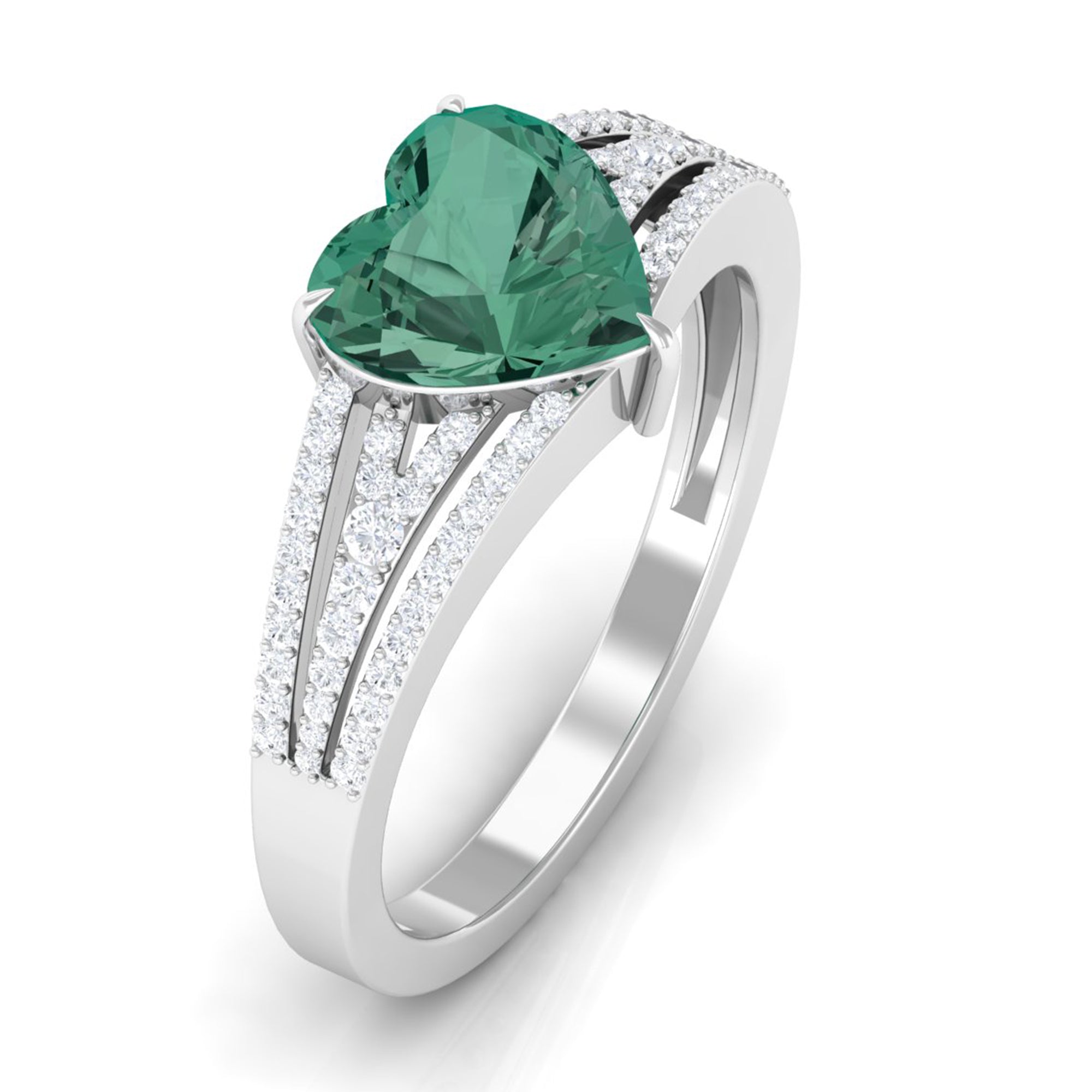 Heart Shape Created Green Sapphire and Diamond Engagement Ring Lab Created Green Sapphire - ( AAAA ) - Quality - Rosec Jewels