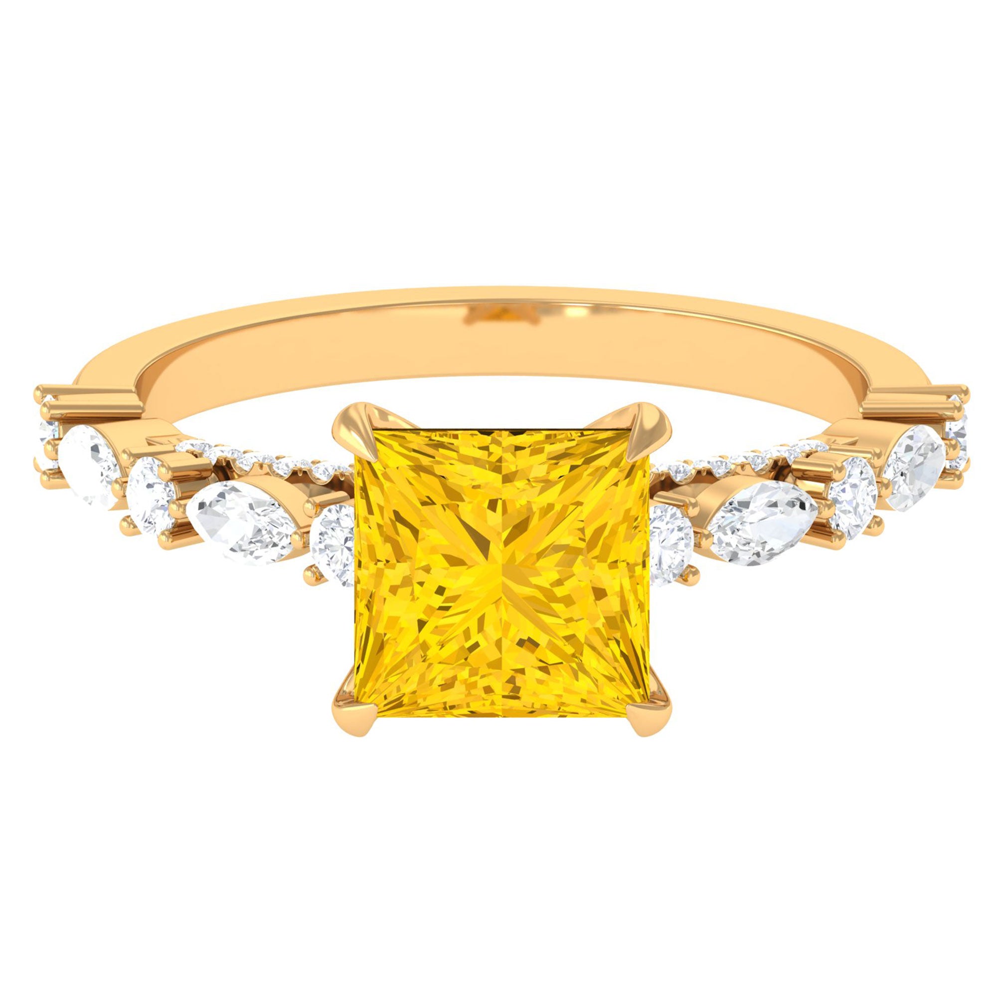 Princess Cut Lab Grown Yellow Sapphire Solitaire Engagement Ring Lab Created Yellow Sapphire - ( AAAA ) - Quality - Rosec Jewels