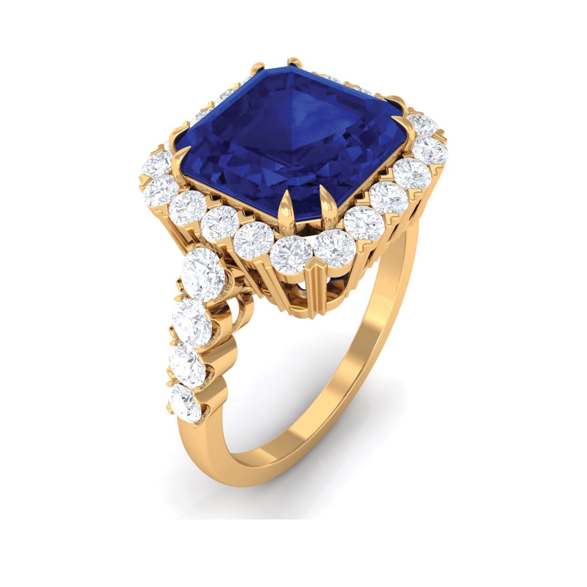 Created Blue Sapphire and Diamond Halo Engagement Ring Lab Created Blue Sapphire - ( AAAA ) - Quality - Rosec Jewels