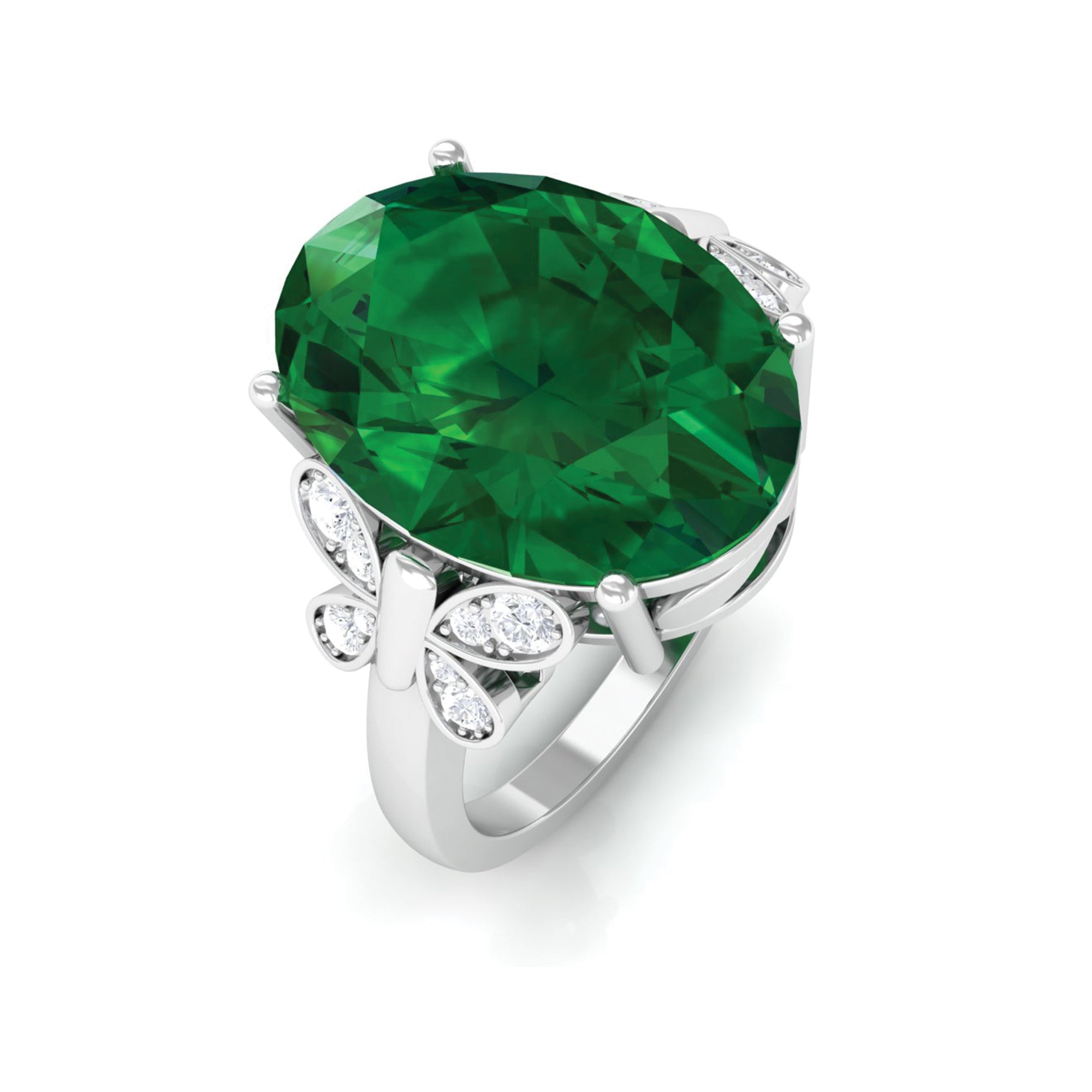 Oval Created Emerald Solitaire Engagement Ring with Diamond Lab Created Emerald - ( AAAA ) - Quality - Rosec Jewels