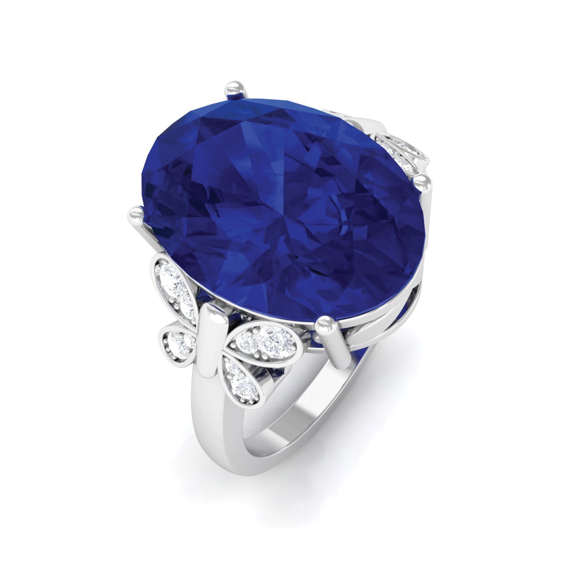 Created Blue Sapphire Oval Engagement Ring with Diamond Lab Created Blue Sapphire - ( AAAA ) - Quality - Rosec Jewels