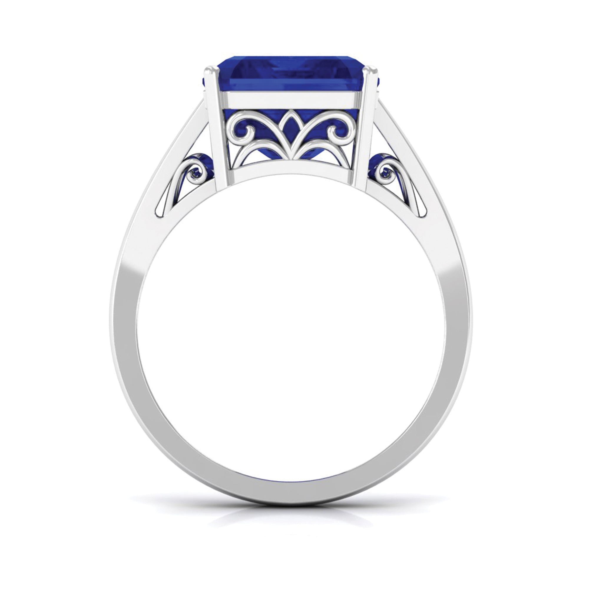 Emerald Cut Created Blue Sapphire Solitaire Engagement Ring Lab Created Blue Sapphire - ( AAAA ) - Quality - Rosec Jewels