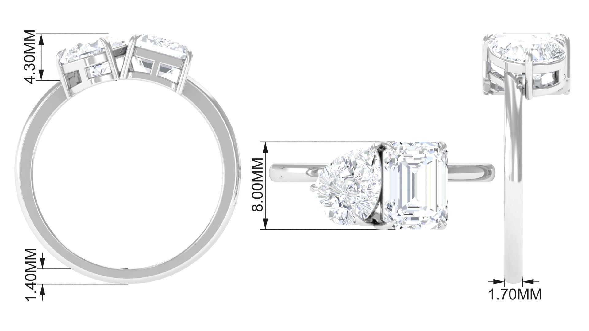 Pear and Emerald Cut Moissanite Toi Et Moi Engagement Ring Moissanite - ( D-VS1 ) - Color and Clarity - Rosec Jewels