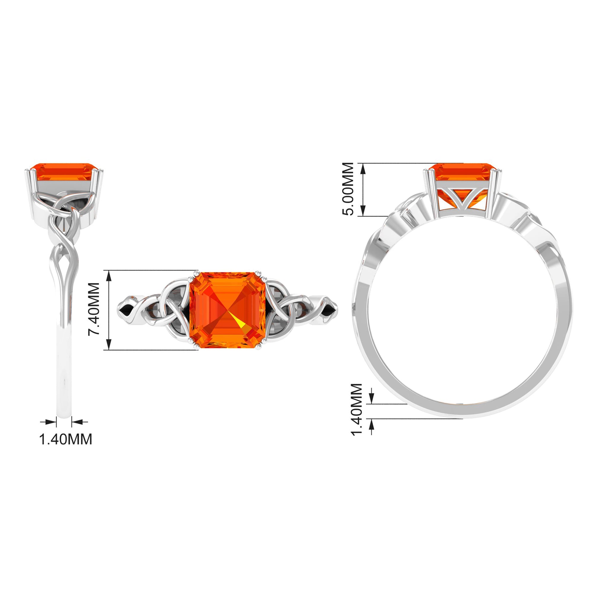 8 MM Asscher Cut Lab Grown Orange Sapphire Solitaire Celtic Engagement Ring Lab Created Orange Sapphire - ( AAAA ) - Quality - Rosec Jewels