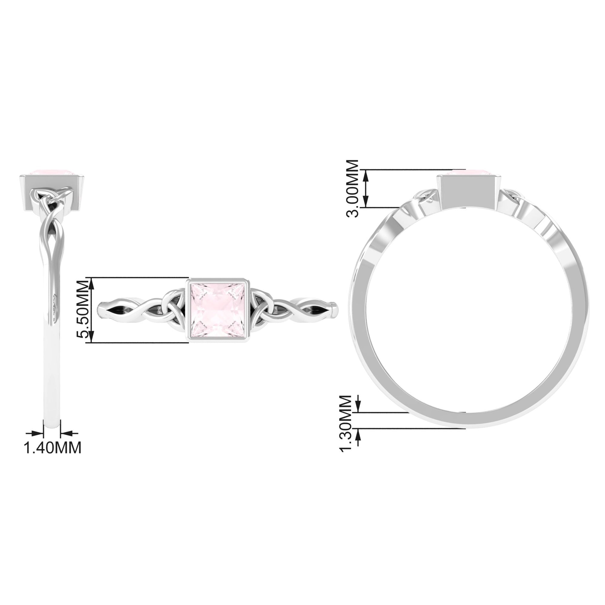 5 MM Princess Cut Rose Quartz Solitaire Celtic Ring in Bezel Setting Rose Quartz - ( AAA ) - Quality - Rosec Jewels