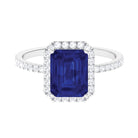 3 CT Emerald Cut Lab Grown Blue Sapphire Halo Engagement Ring Lab Created Blue Sapphire - ( AAAA ) - Quality - Rosec Jewels