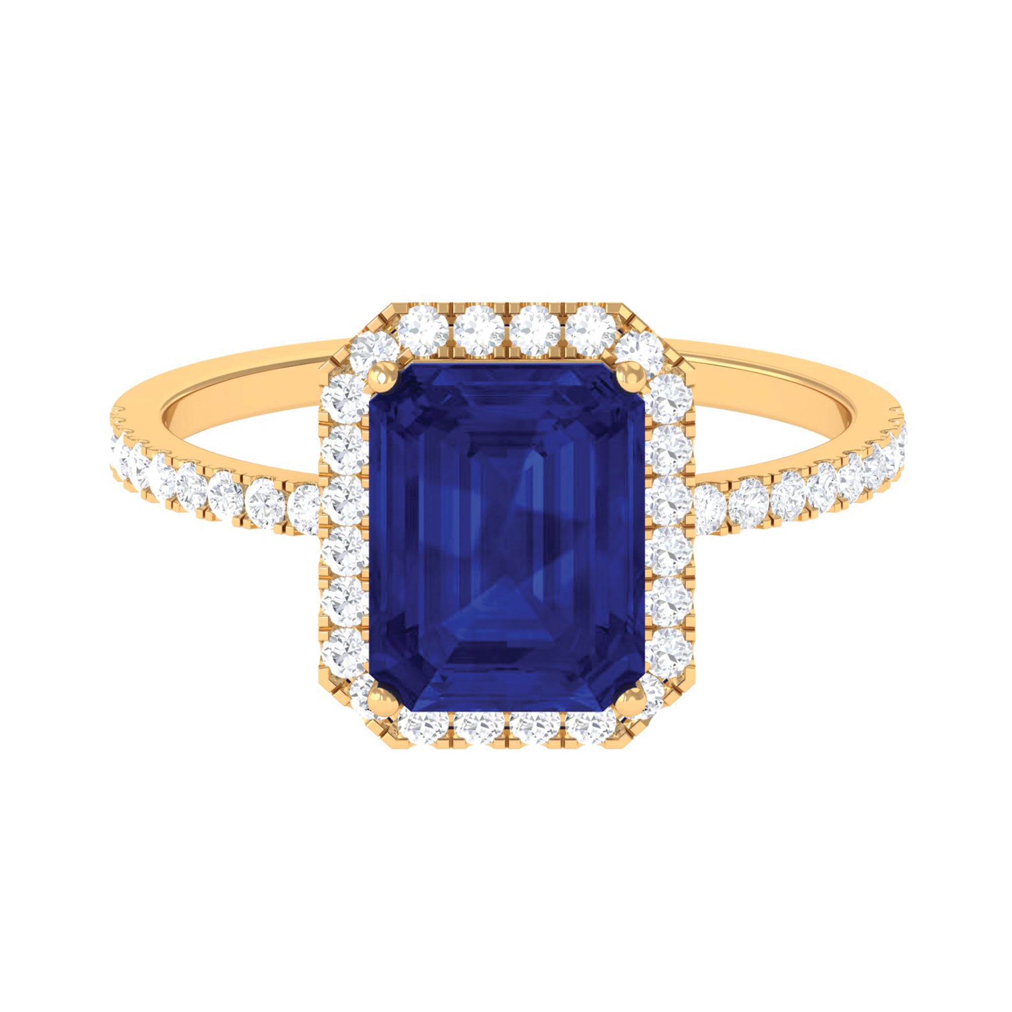 3 CT Emerald Cut Lab Grown Blue Sapphire Halo Engagement Ring Lab Created Blue Sapphire - ( AAAA ) - Quality - Rosec Jewels