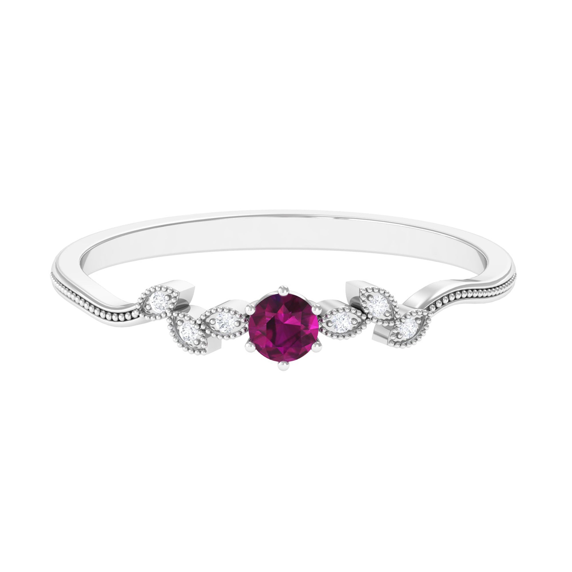 Real Rhodolite Solitaire Leaf Inspired Promise Ring with Diamond Rhodolite - ( AAA ) - Quality - Rosec Jewels