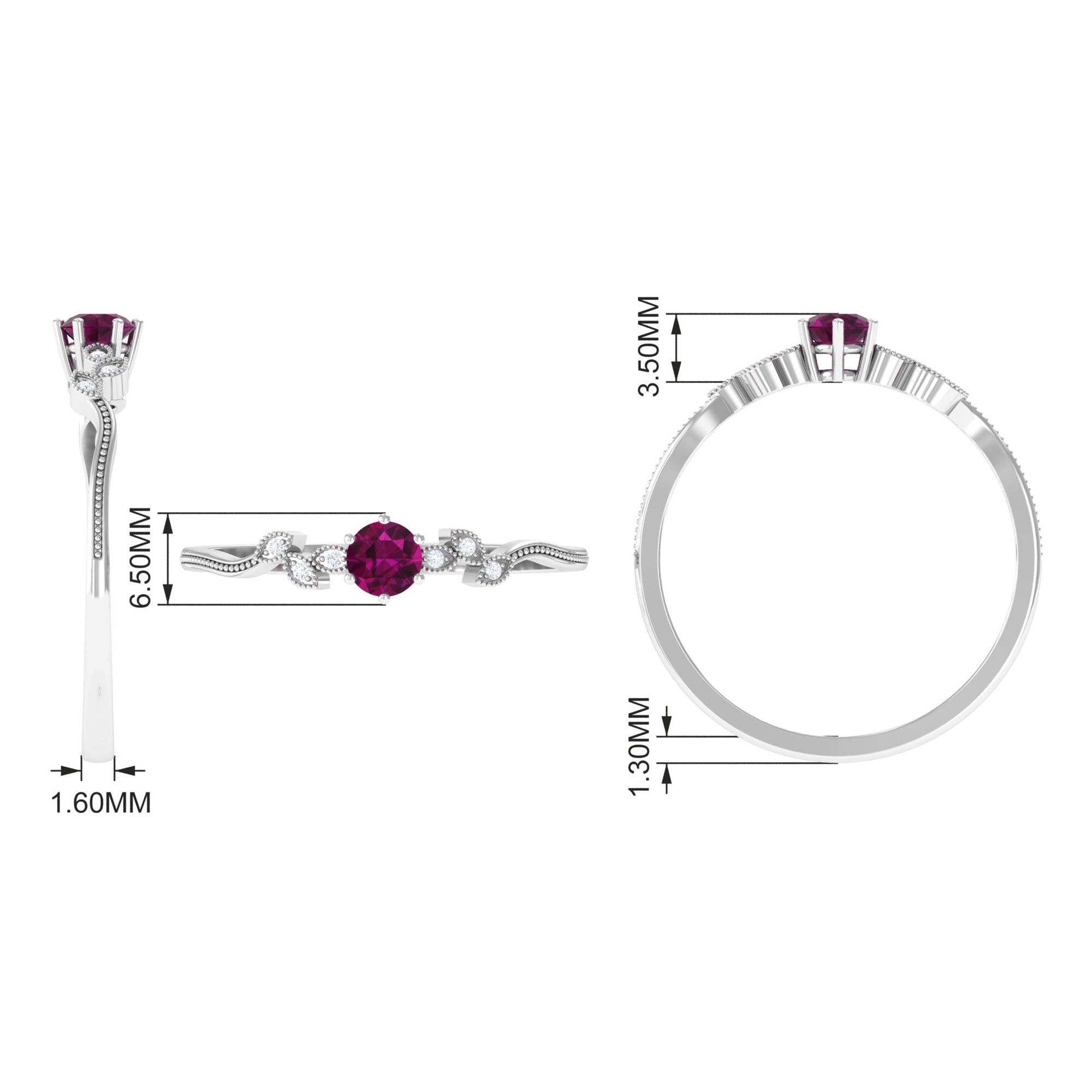 Real Rhodolite Solitaire Leaf Inspired Promise Ring with Diamond Rhodolite - ( AAA ) - Quality - Rosec Jewels