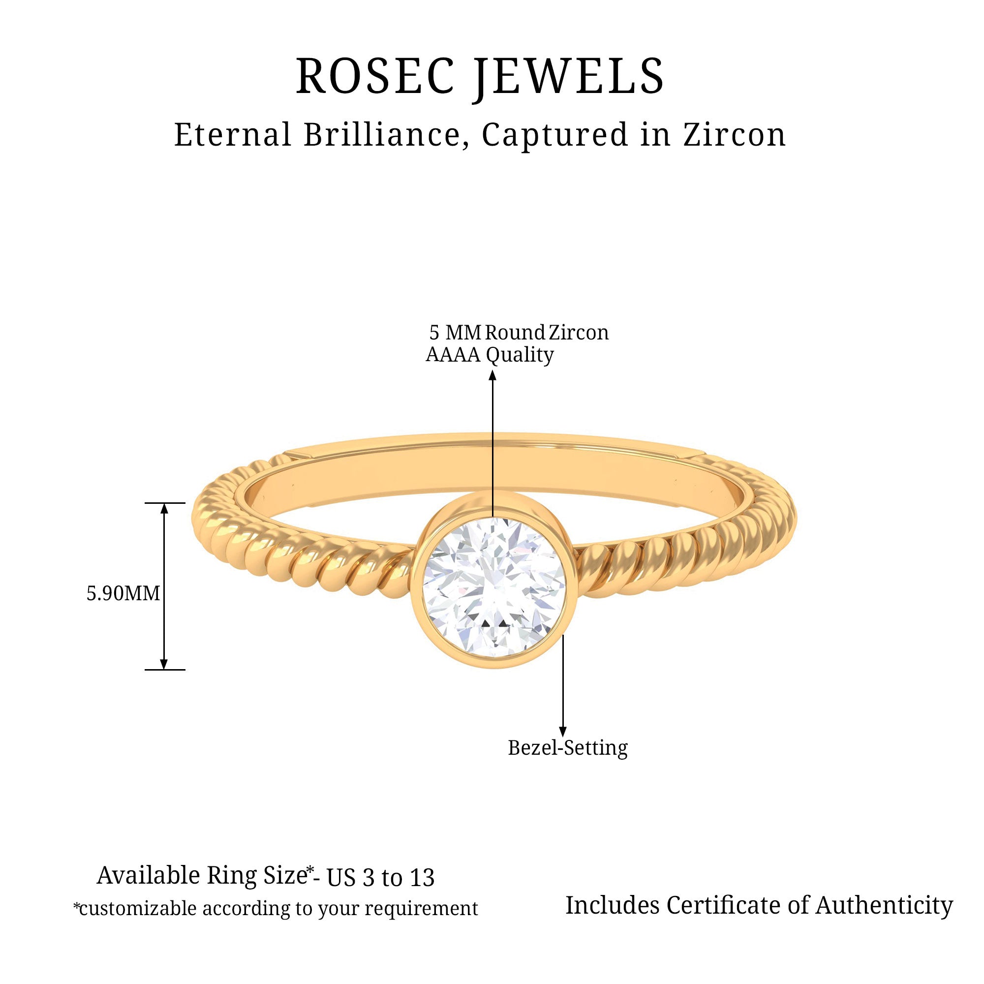 1/2 CT Bezel Set Zircon Solitaire Minimal Ring with Twisted Rope Details Zircon - ( AAAA ) - Quality - Rosec Jewels