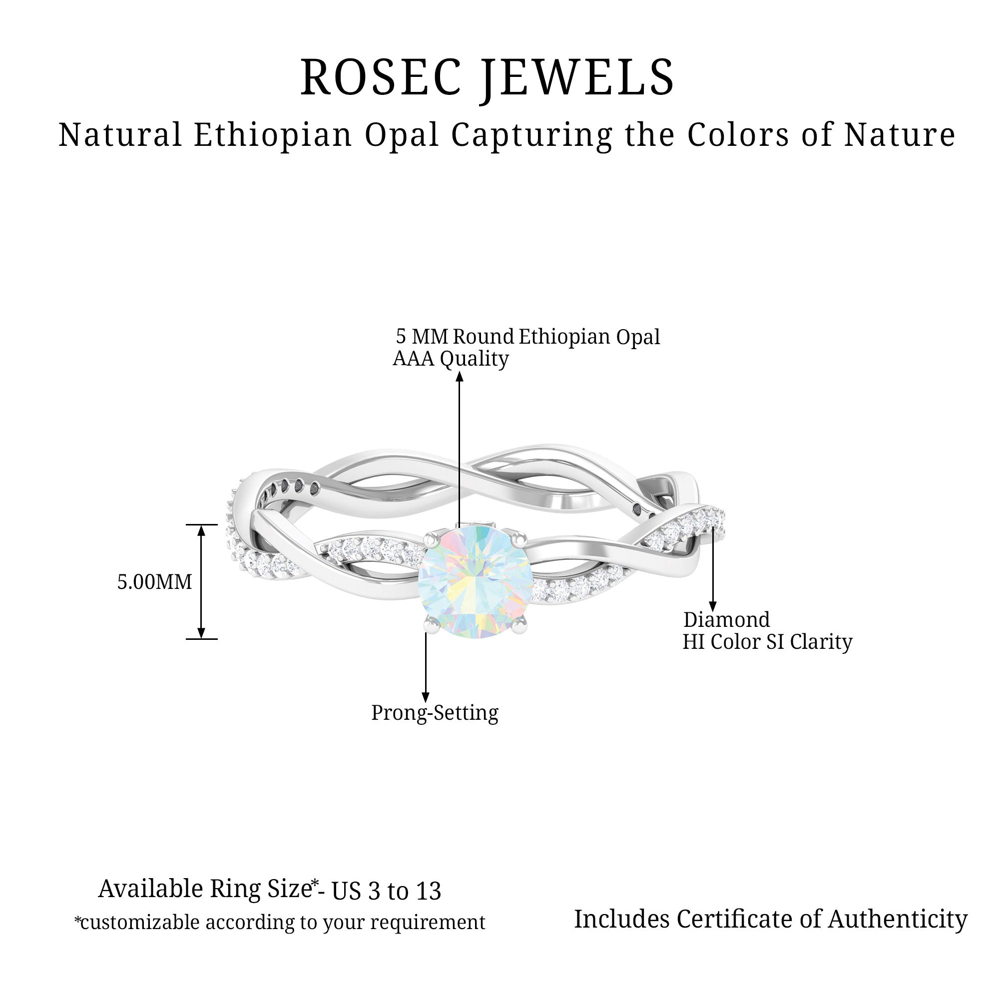 Ethiopian Opal Solitaire Ring with Diamond Braided Shank Ethiopian Opal - ( AAA ) - Quality - Rosec Jewels