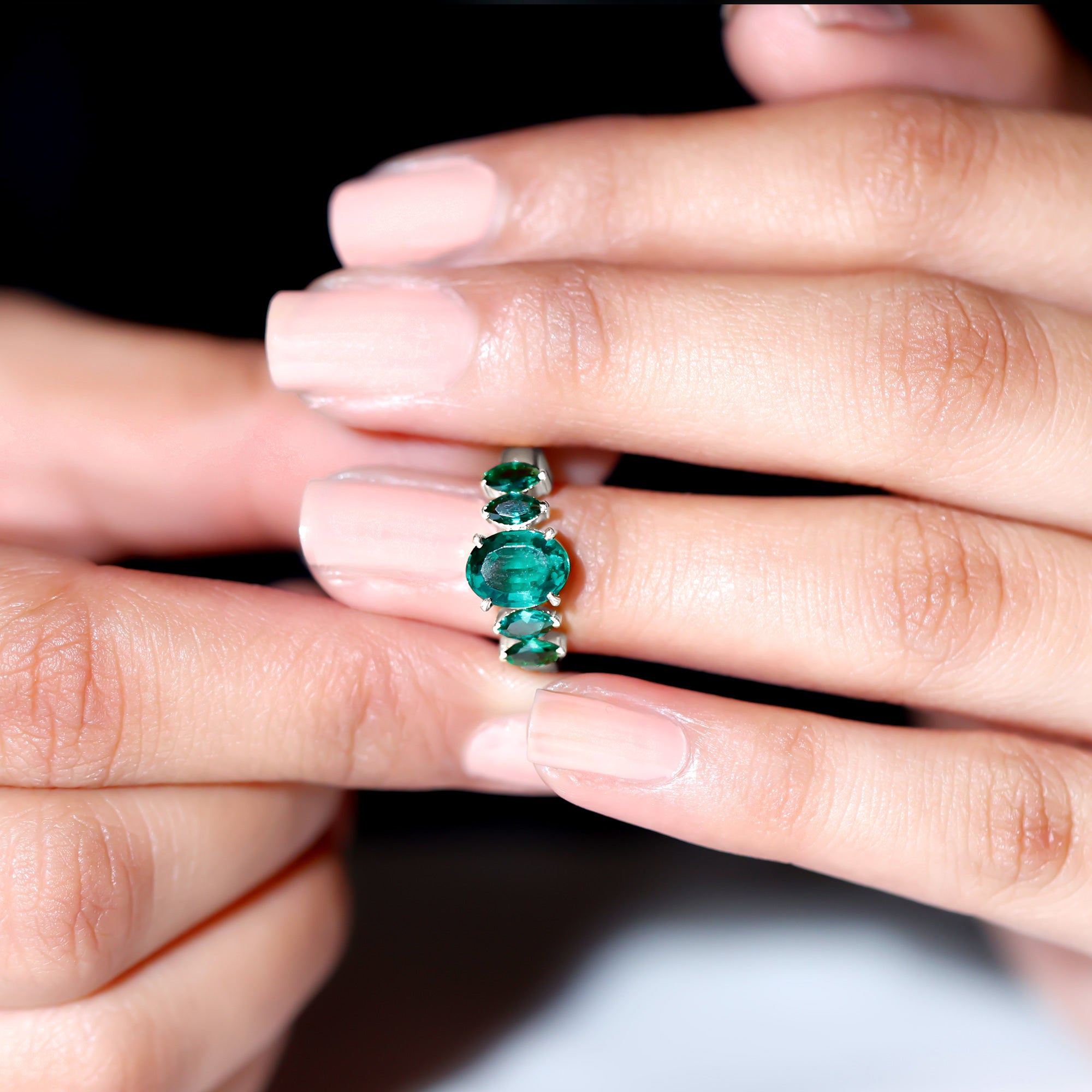 2 CT Oval and Marquise Cut Created Emerald Five Stone Ring Lab Created Emerald - ( AAAA ) - Quality - Rosec Jewels