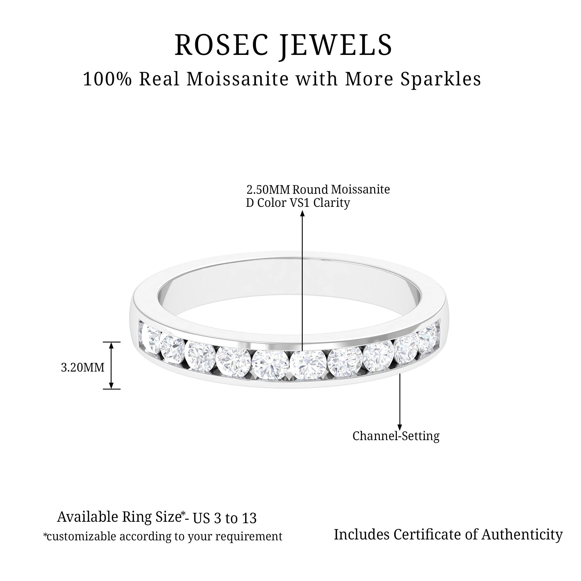 Channel Set Moissanite Half Eternity Band Ring Moissanite - ( D-VS1 ) - Color and Clarity - Rosec Jewels