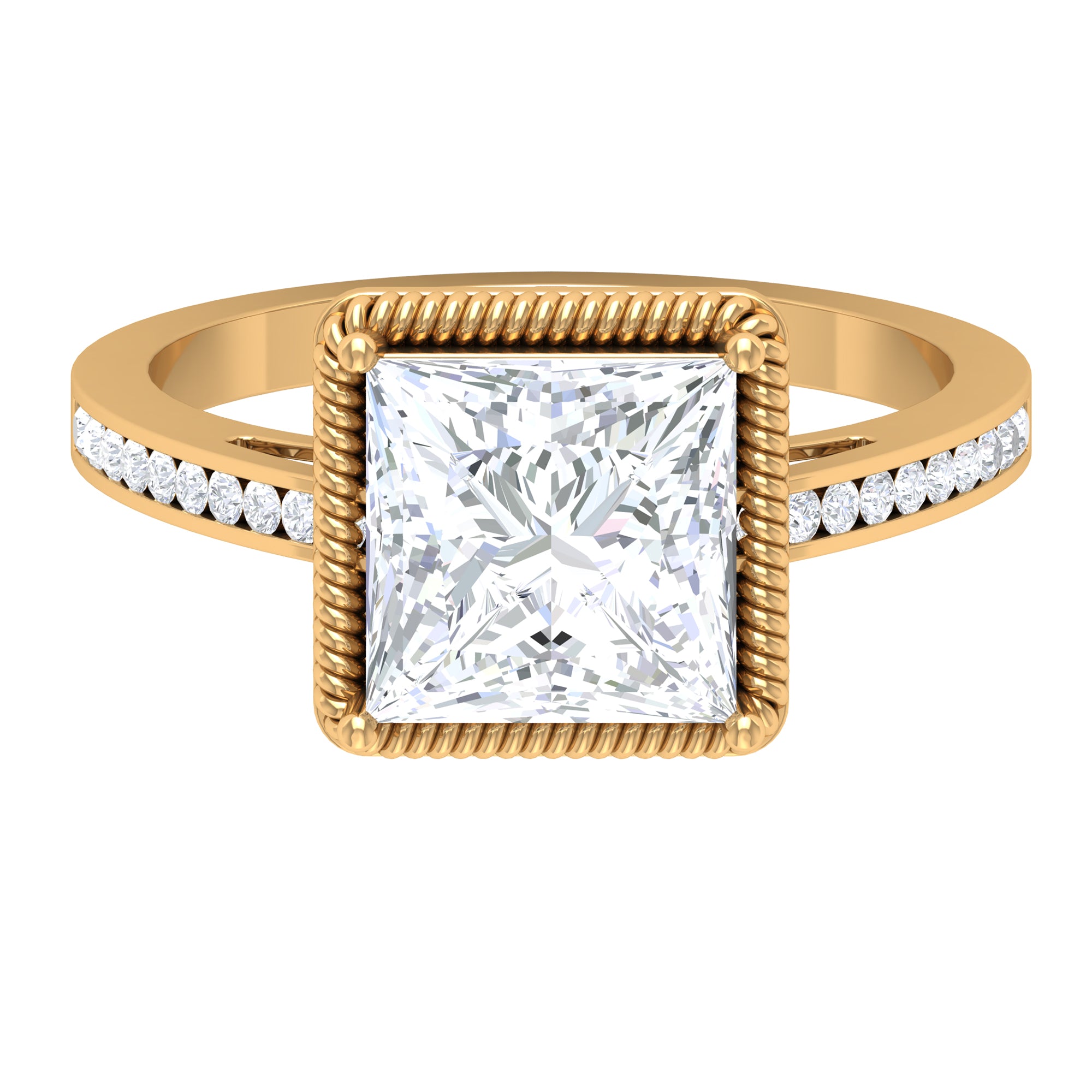 Rosec Jewels-3 CT Rope Frame Solitaire Moissanite Ring with Channel Set Side Stones