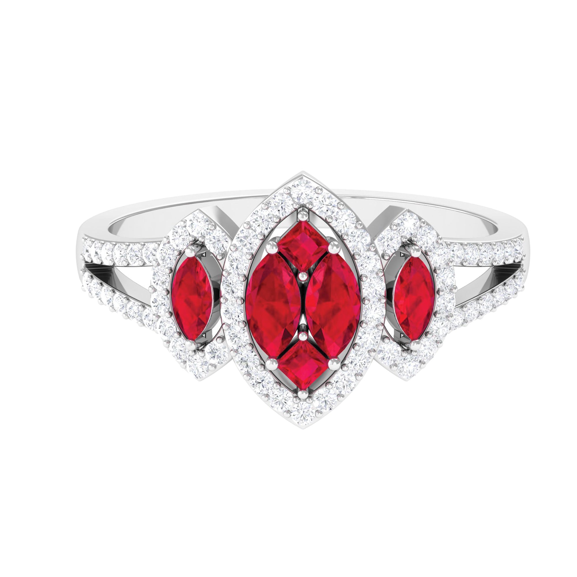 Split Shank Lab Grown Ruby and Diamond Cluster Engagement Ring Lab Created Ruby - ( AAAA ) - Quality - Rosec Jewels