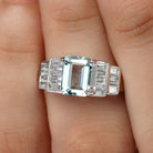 Octagon Cut Aquamarine Statement Engagement Ring with Diamond Accent Aquamarine - ( AAA ) - Quality - Rosec Jewels