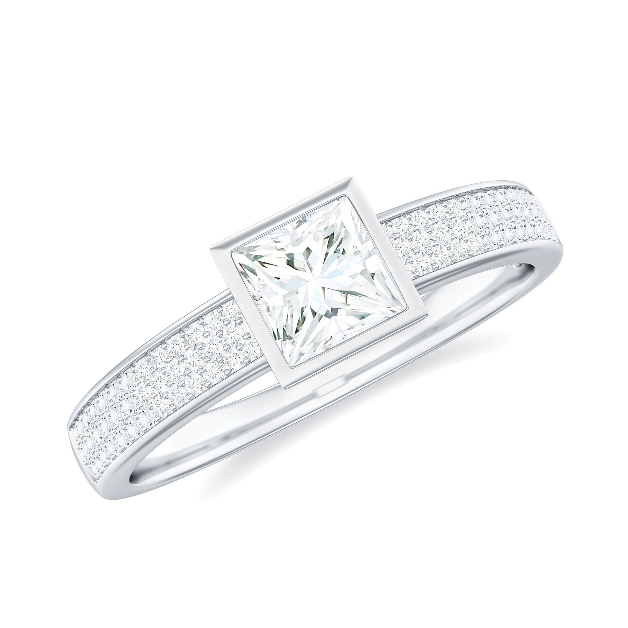 Princess Cut Moissanite Solitaire Engagement Ring in Bezel Setting Moissanite - ( D-VS1 ) - Color and Clarity - Rosec Jewels