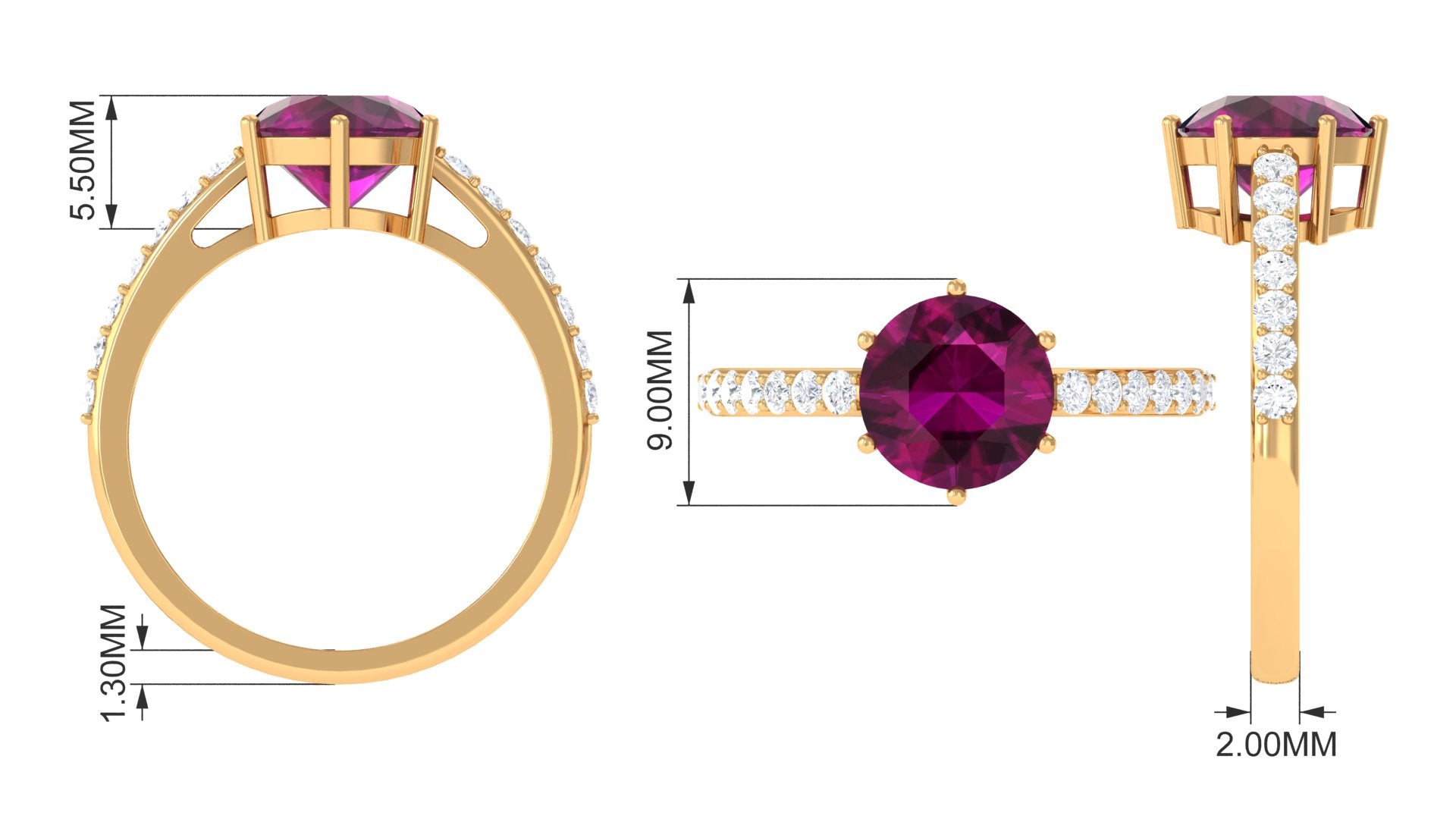 2.75 CT Genuine Rhodolite Engagement Ring with Moissanite Stones Rhodolite - ( AAA ) - Quality - Rosec Jewels