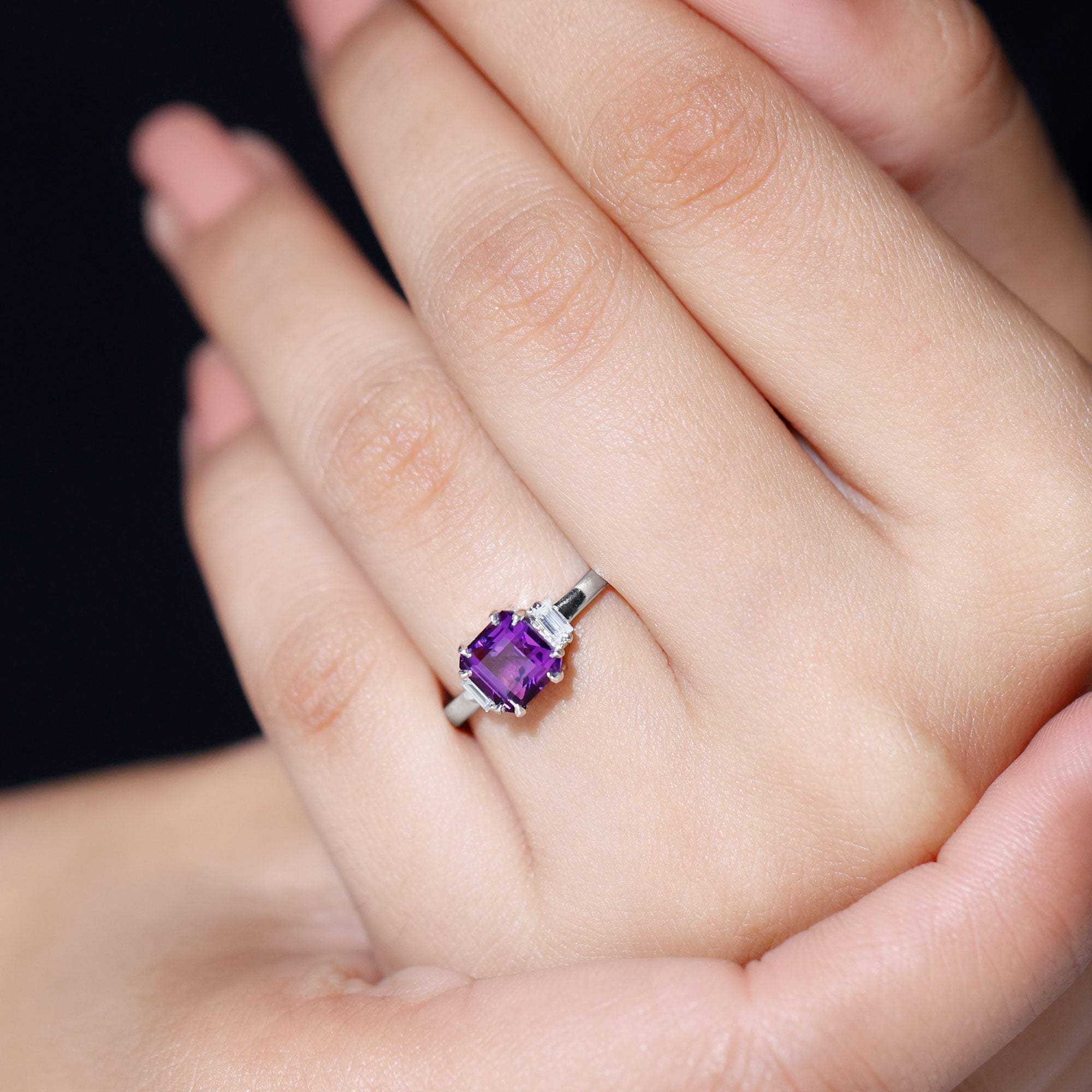 Claw Set Asscher Cut Amethyst Solitaire Ring with Diamond Amethyst - ( AAA ) - Quality - Rosec Jewels