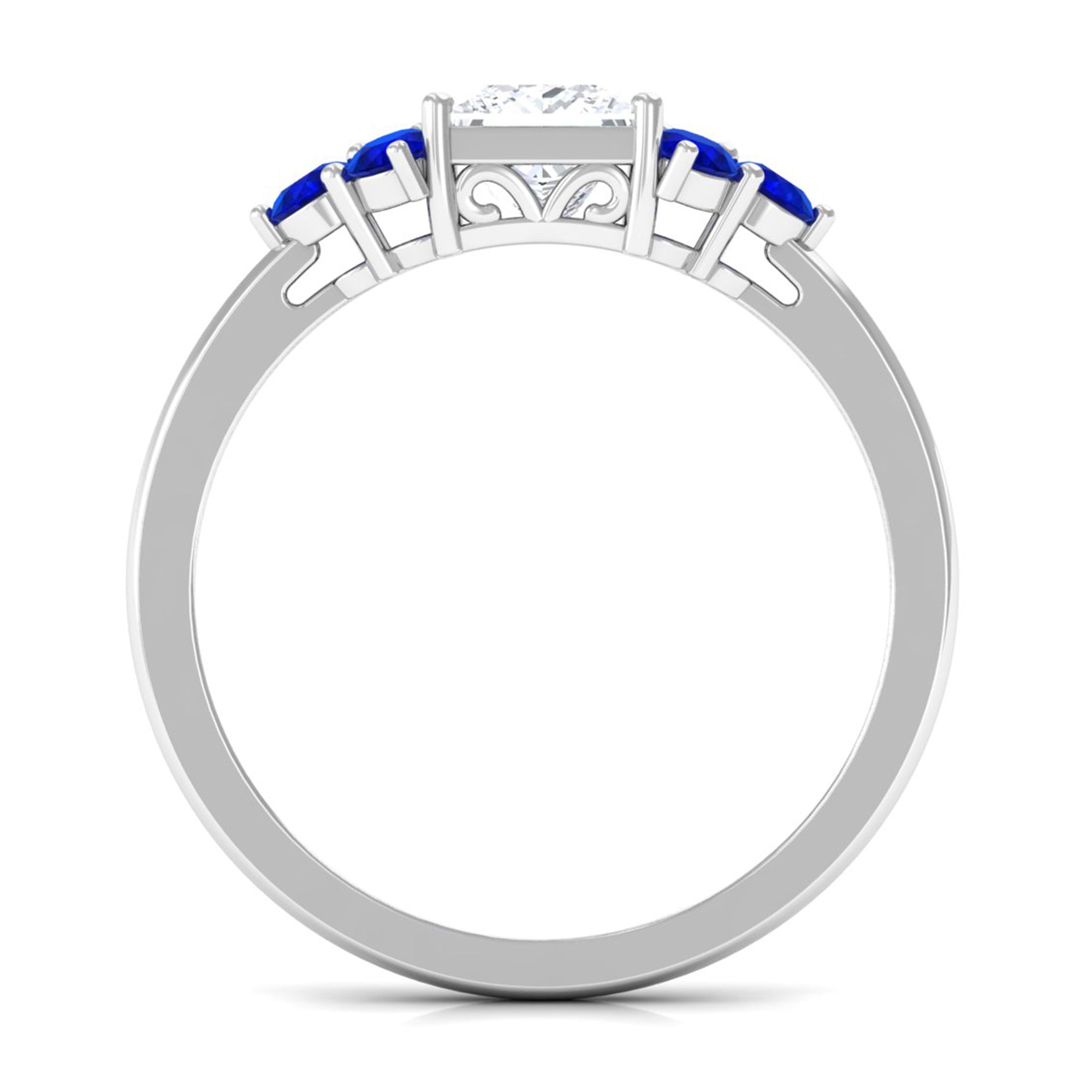 Rosec Jewels-Moissanite Princess Cut Engagement Ring With Lab Grown Blue Sapphire Side Stone