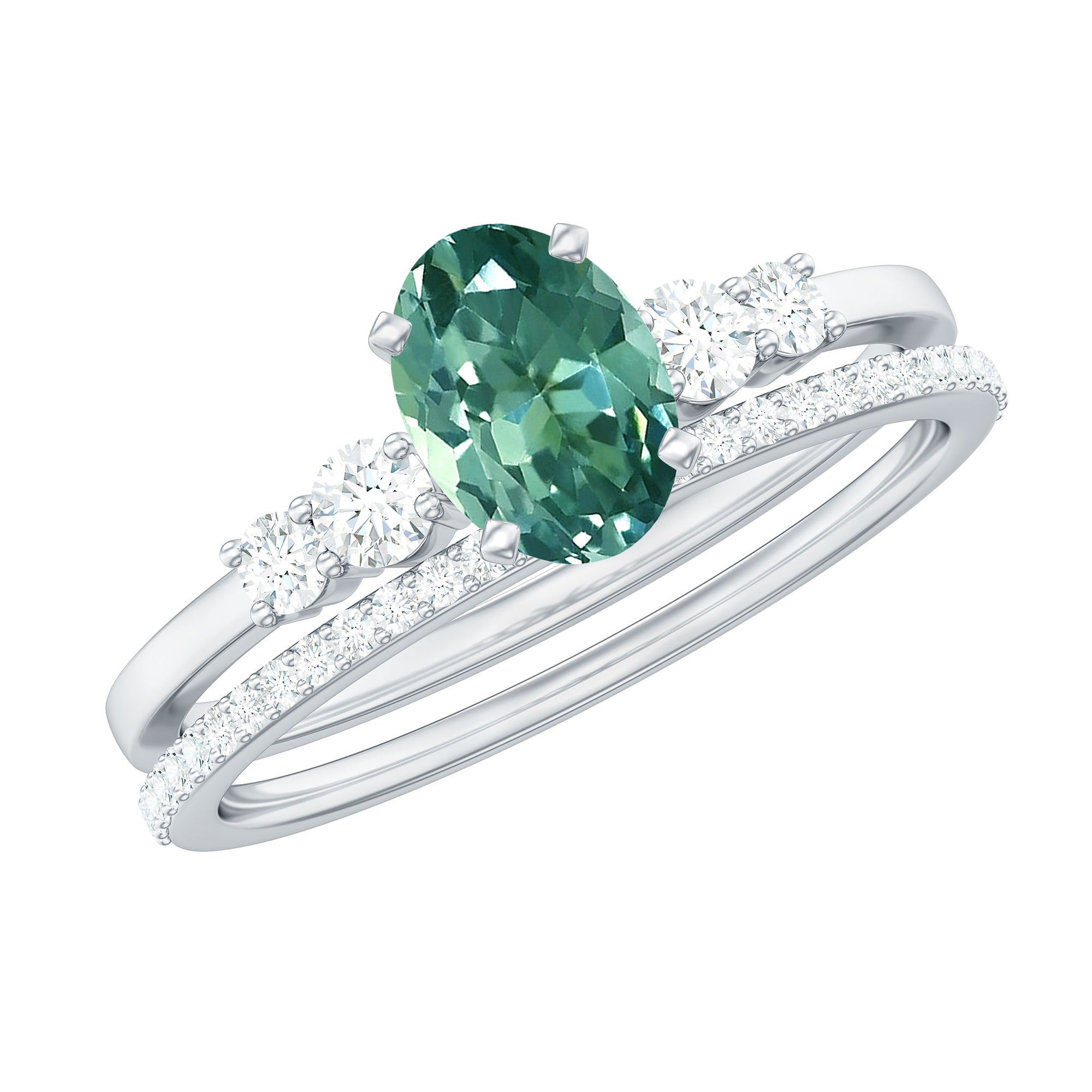 1.50 CT Created Green Sapphire and Diamond Ring Set Lab Created Green Sapphire - ( AAAA ) - Quality - Rosec Jewels