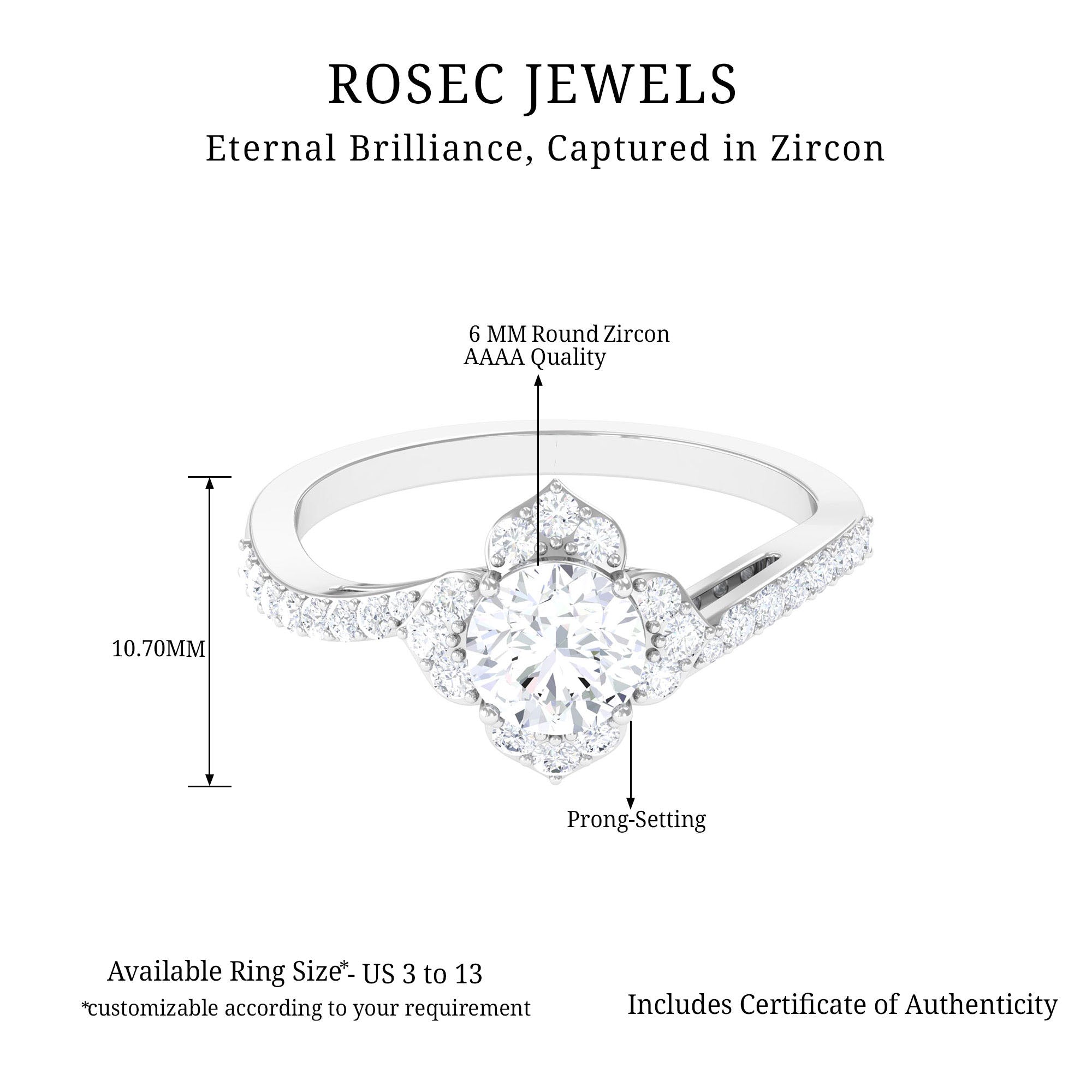 1.75 CT Bypass Shank Round Zircon Flower Engagement Ring Zircon - ( AAAA ) - Quality - Rosec Jewels