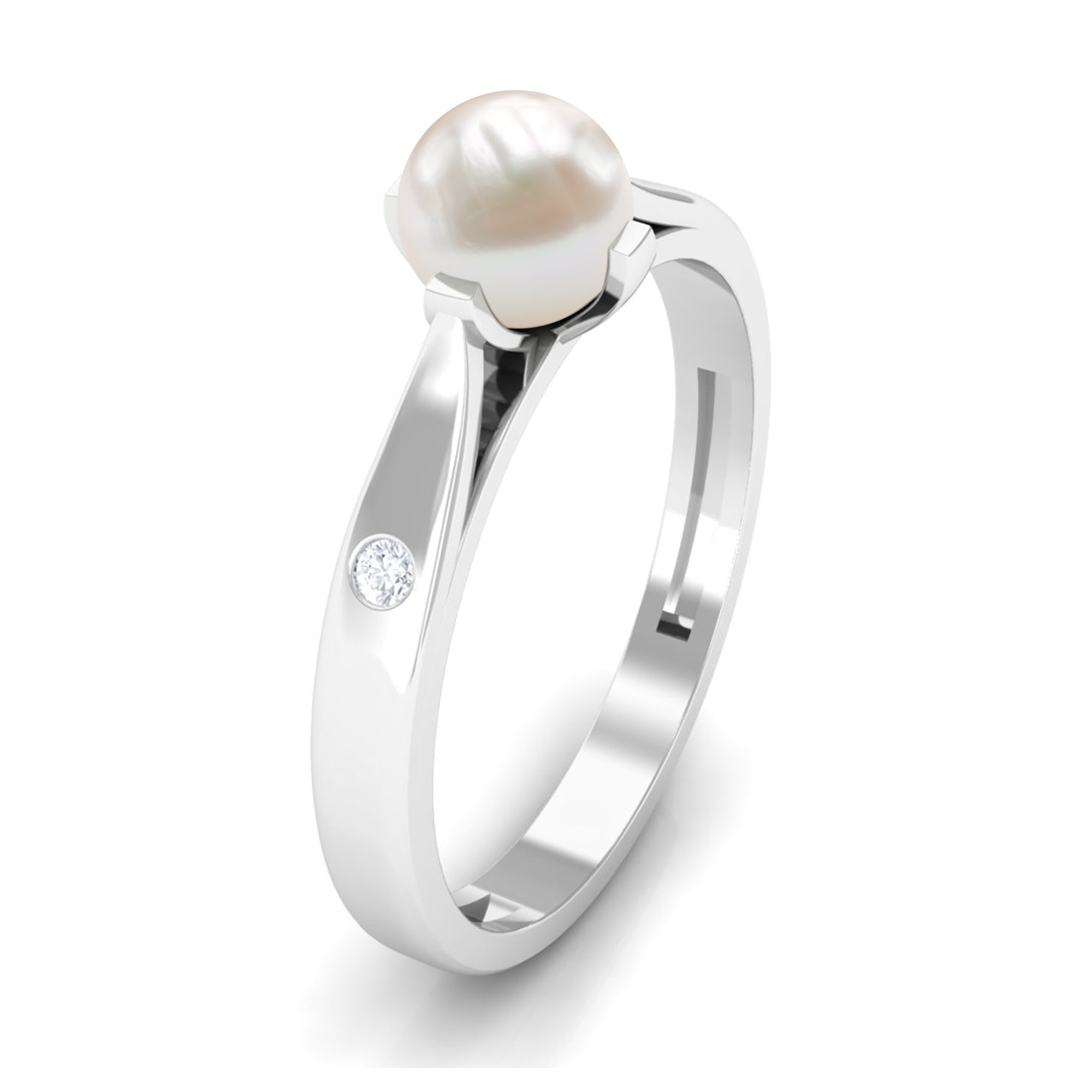 Elegant Bead Set Freshwater Pearl Solitaire Promise Ring with Diamond Freshwater Pearl - ( AAA ) - Quality - Rosec Jewels