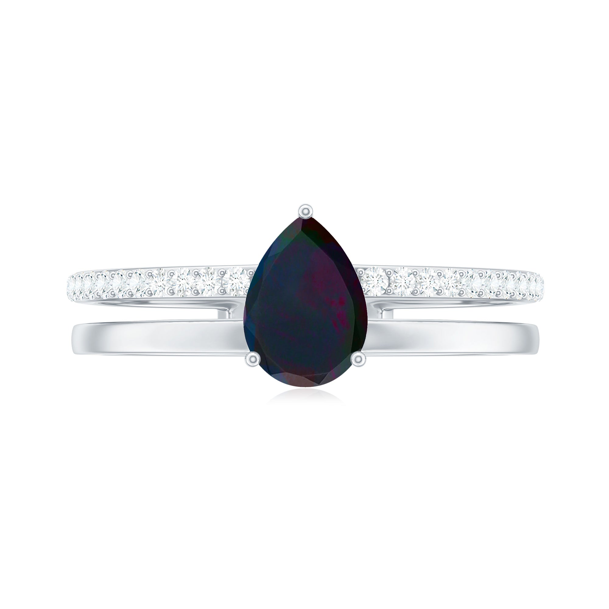 Pear Cut Black Opal and Diamond Double Band Engagement Ring Black Opal - ( AAA ) - Quality - Rosec Jewels