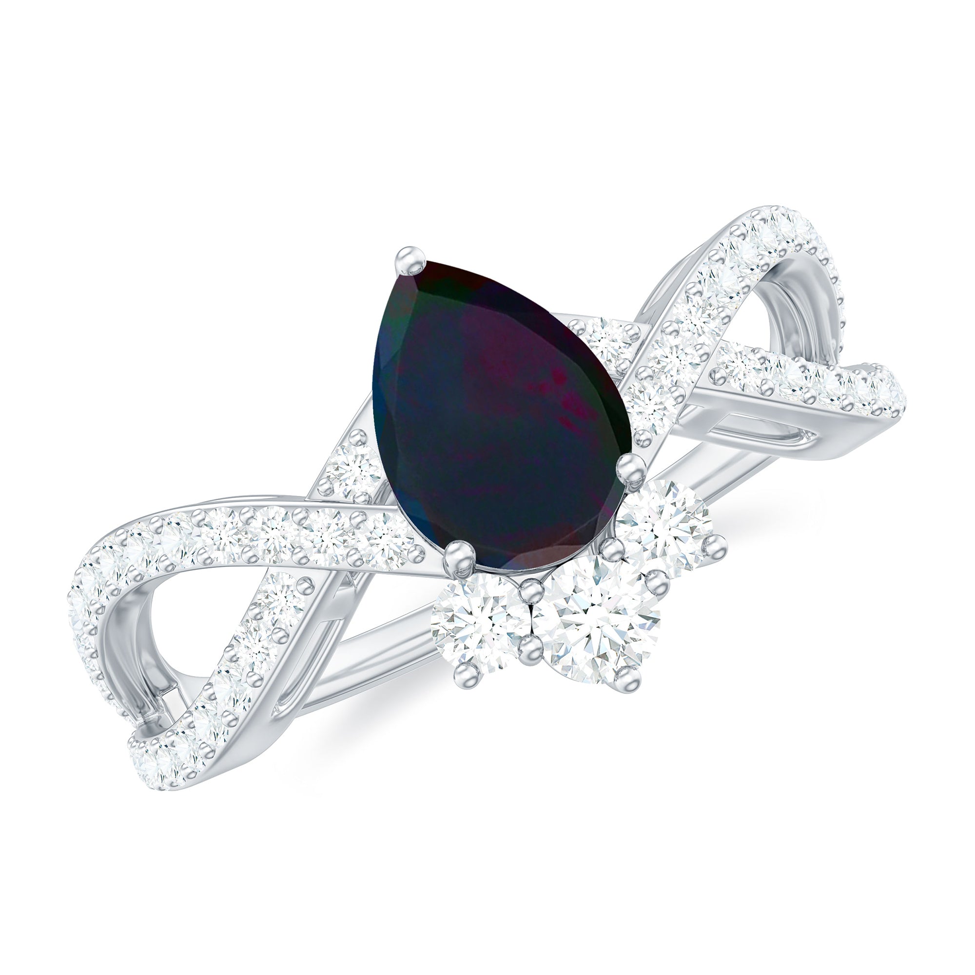 Designer Black Opal Teardrop Crossover Ring with Diamond Black Opal - ( AAA ) - Quality - Rosec Jewels