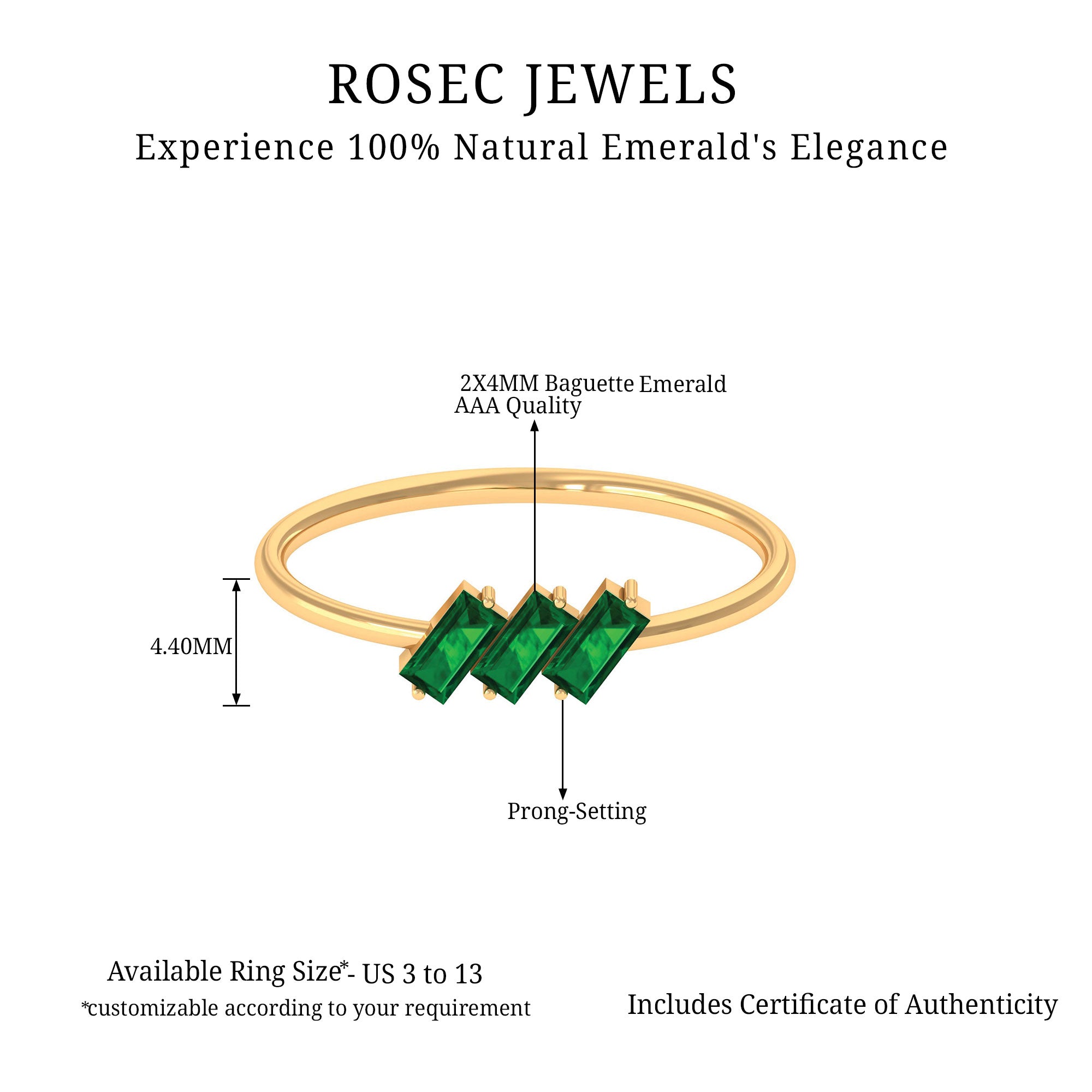 1/2 CT Baguette Cut 2 Prong Set Emerald Three Stone Ring Emerald - ( AAA ) - Quality - Rosec Jewels