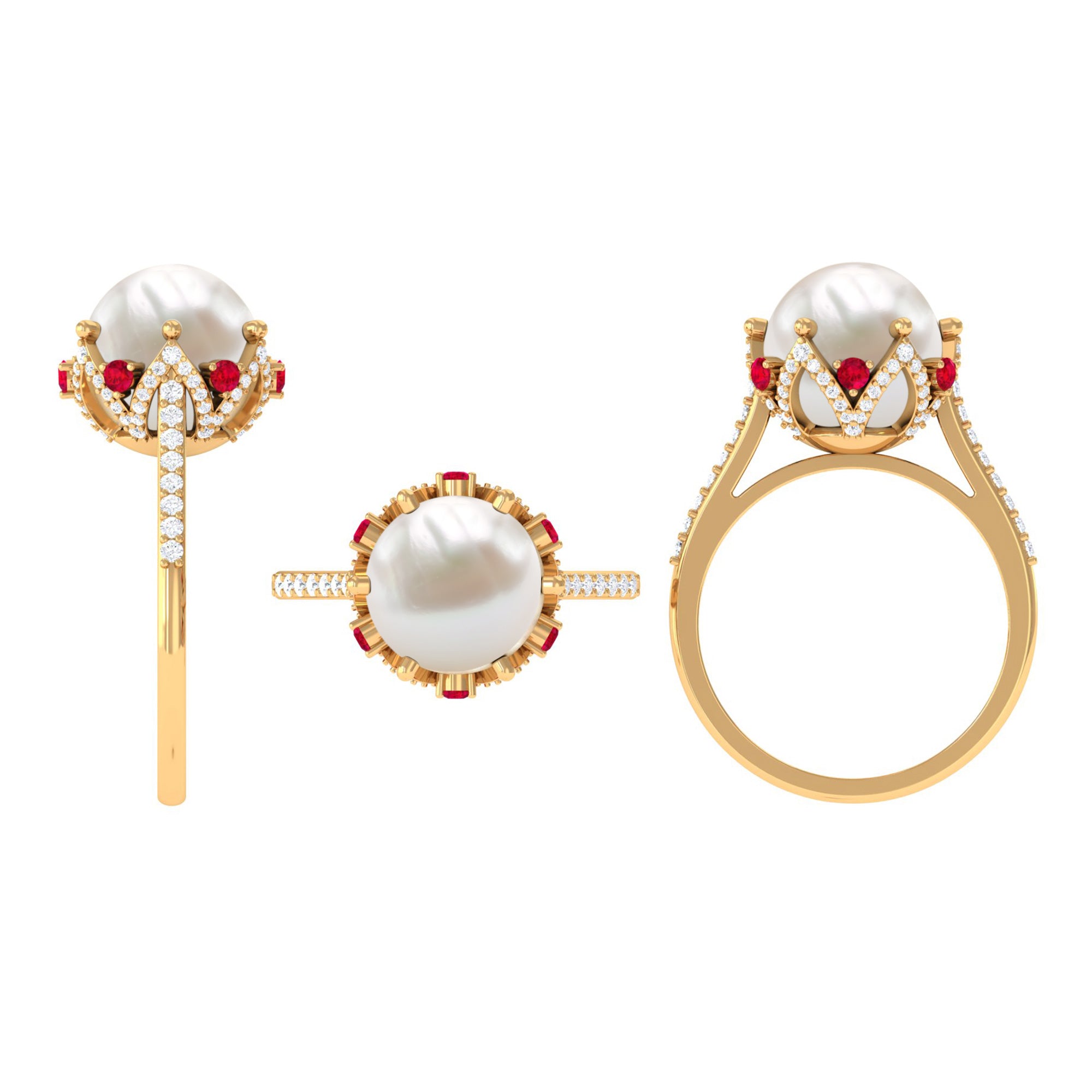 Freshwater Pearl and Created Ruby Cocktail Ring with Moissanite Accent Freshwater Pearl - ( AAA ) - Quality - Rosec Jewels