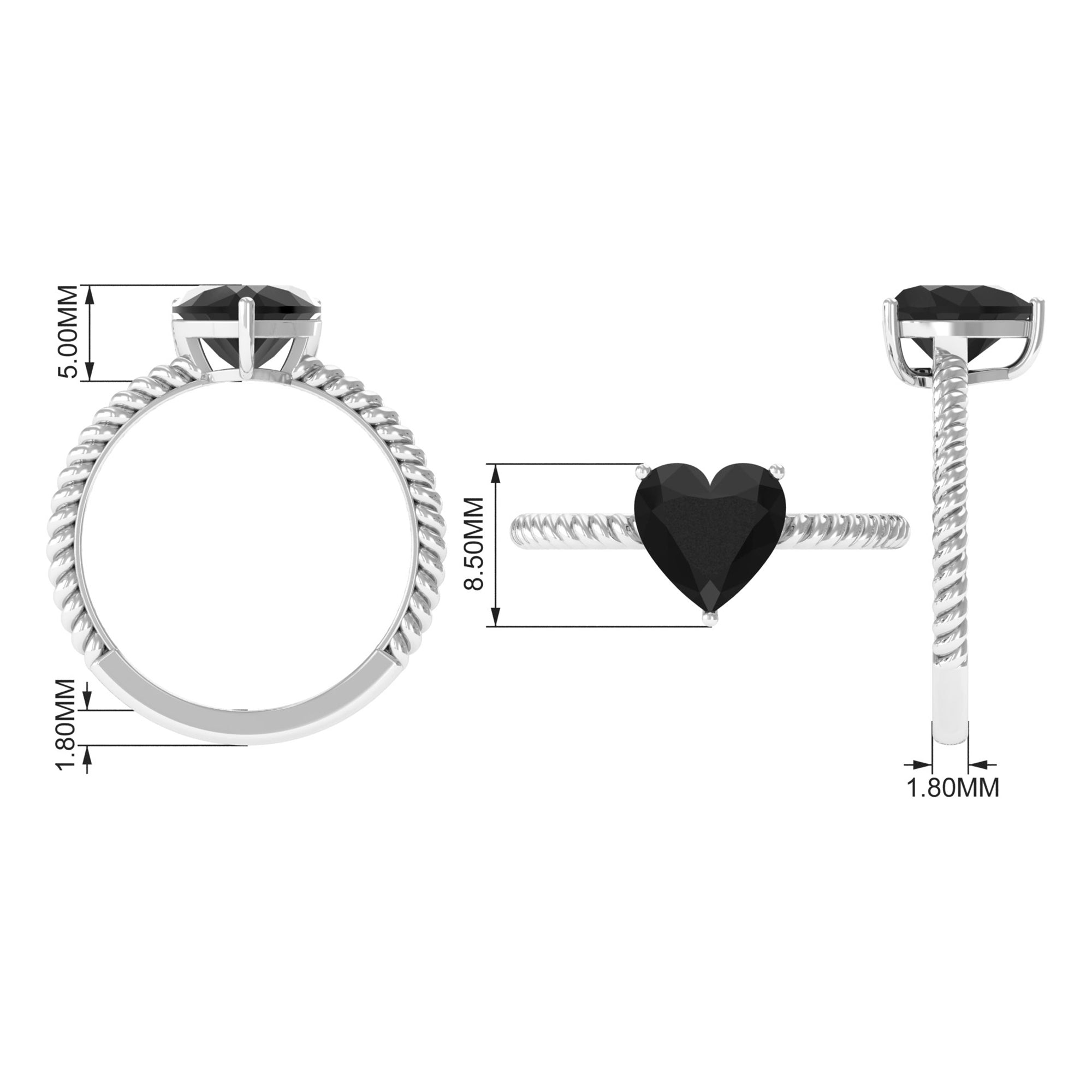 8 MM Heart Shape Created Black Diamond Solitaire Gold Rope Ring Lab Created Black Diamond - ( AAAA ) - Quality - Rosec Jewels