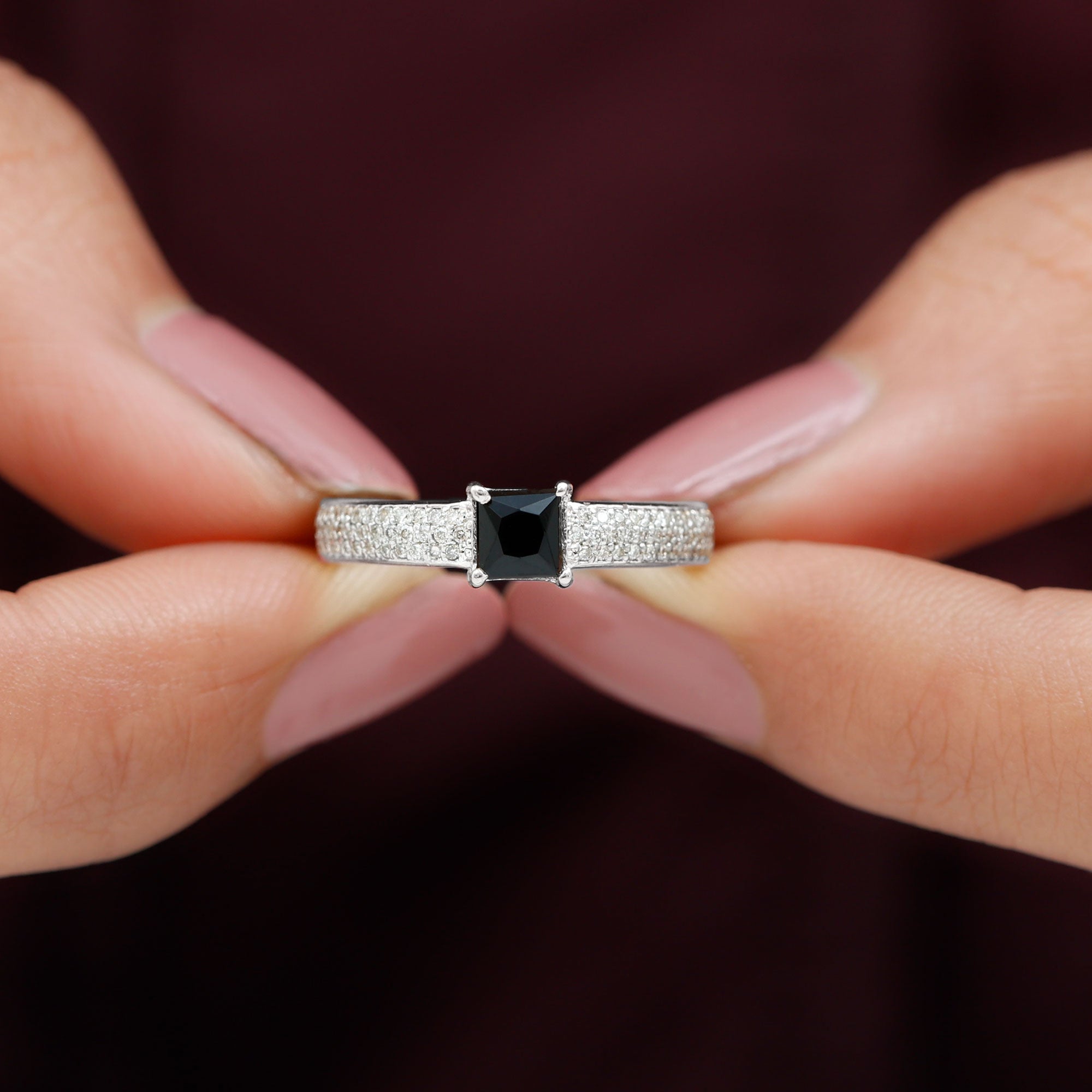 Princess Cut Black Spinel Engagement Ring with Diamond Side Stones Black Spinel - ( AAA ) - Quality - Rosec Jewels