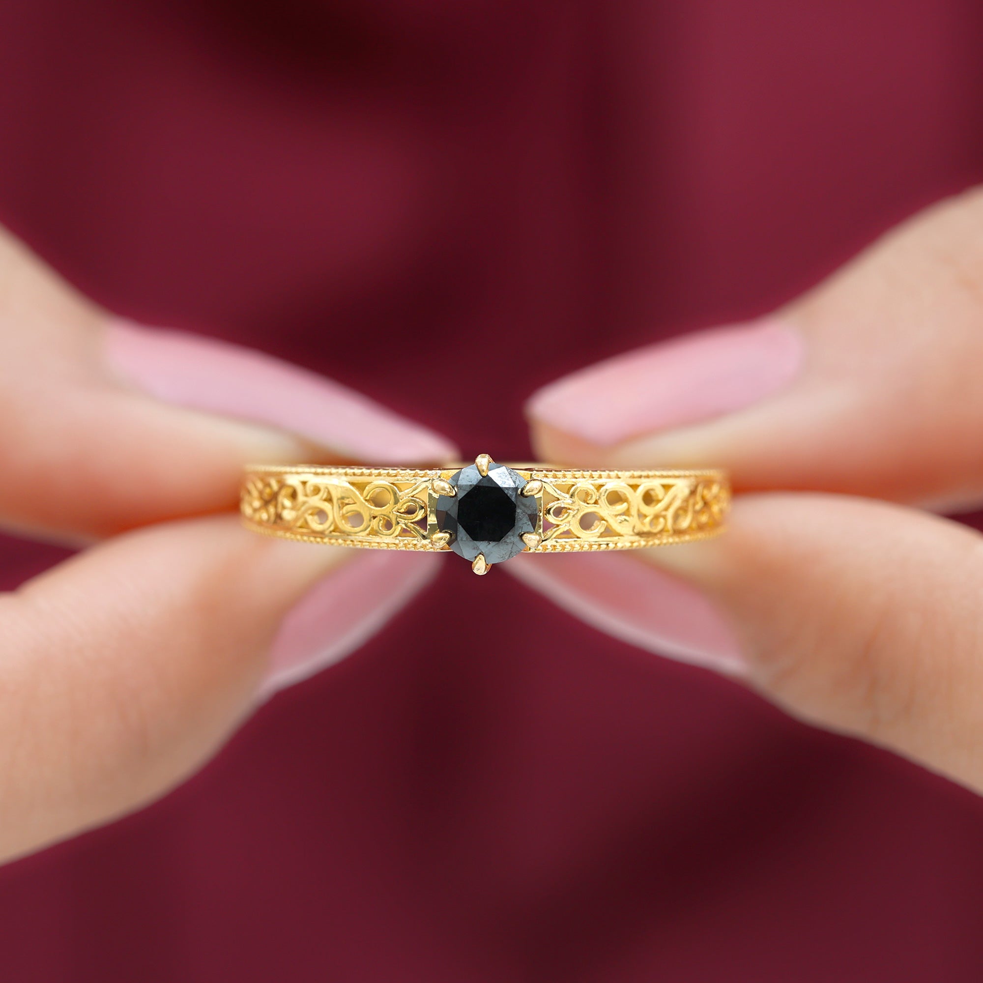 5 MM Round Cut Black Diamond Solitaire Gold Filigree Ring Black Diamond - ( AAA ) - Quality - Rosec Jewels