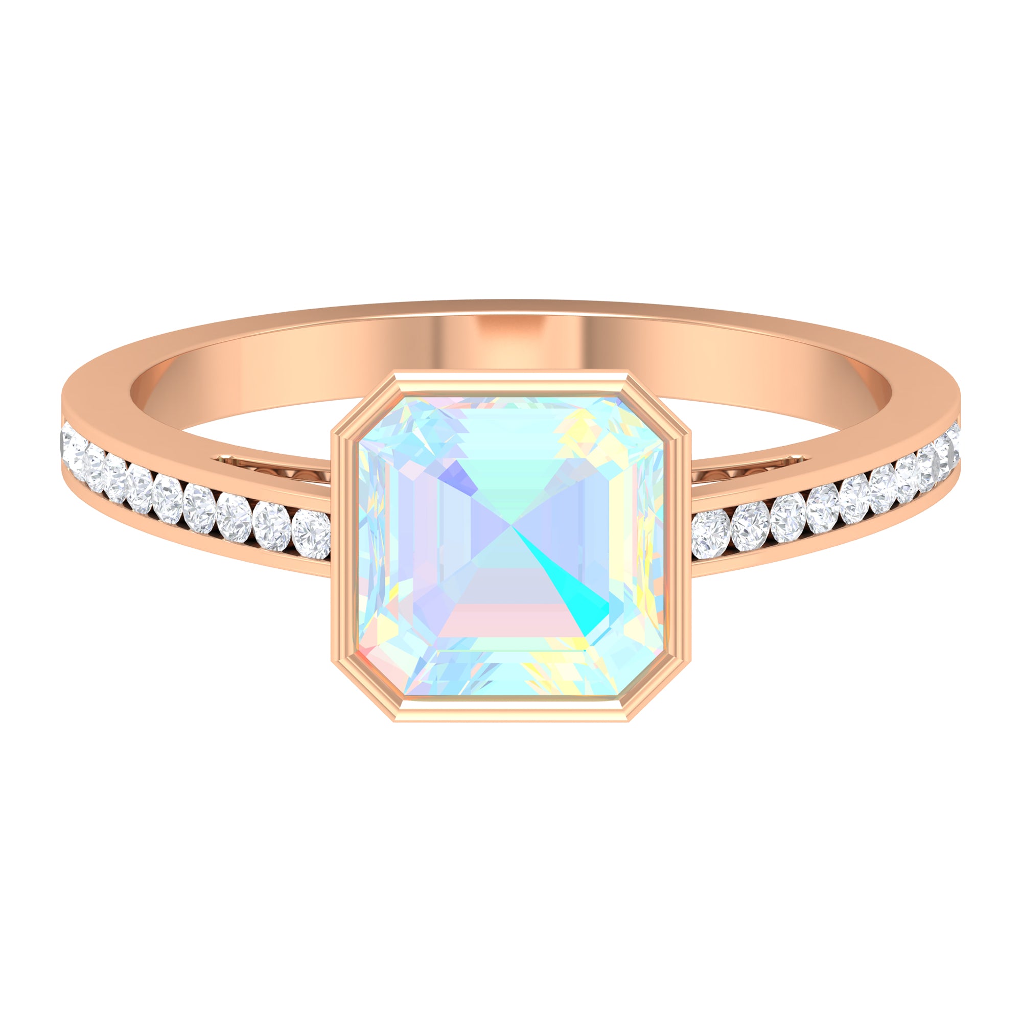 Bezel Set Asscher Ethiopian Opal Solitaire Ring with Diamond Ethiopian Opal - ( AAA ) - Quality - Rosec Jewels