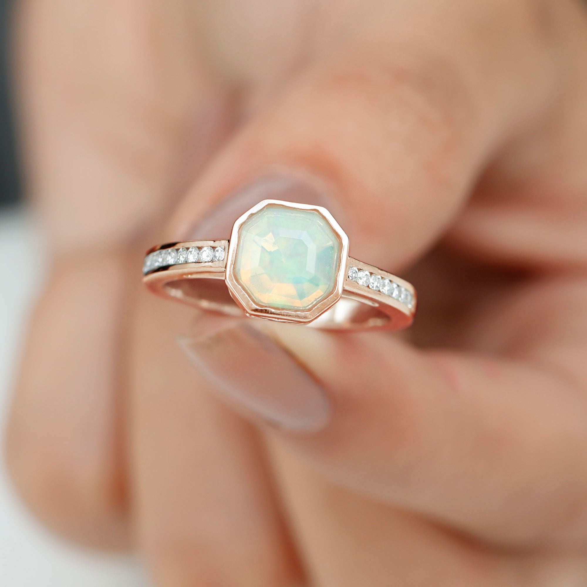 Bezel Set Asscher Ethiopian Opal Solitaire Ring with Diamond Ethiopian Opal - ( AAA ) - Quality - Rosec Jewels