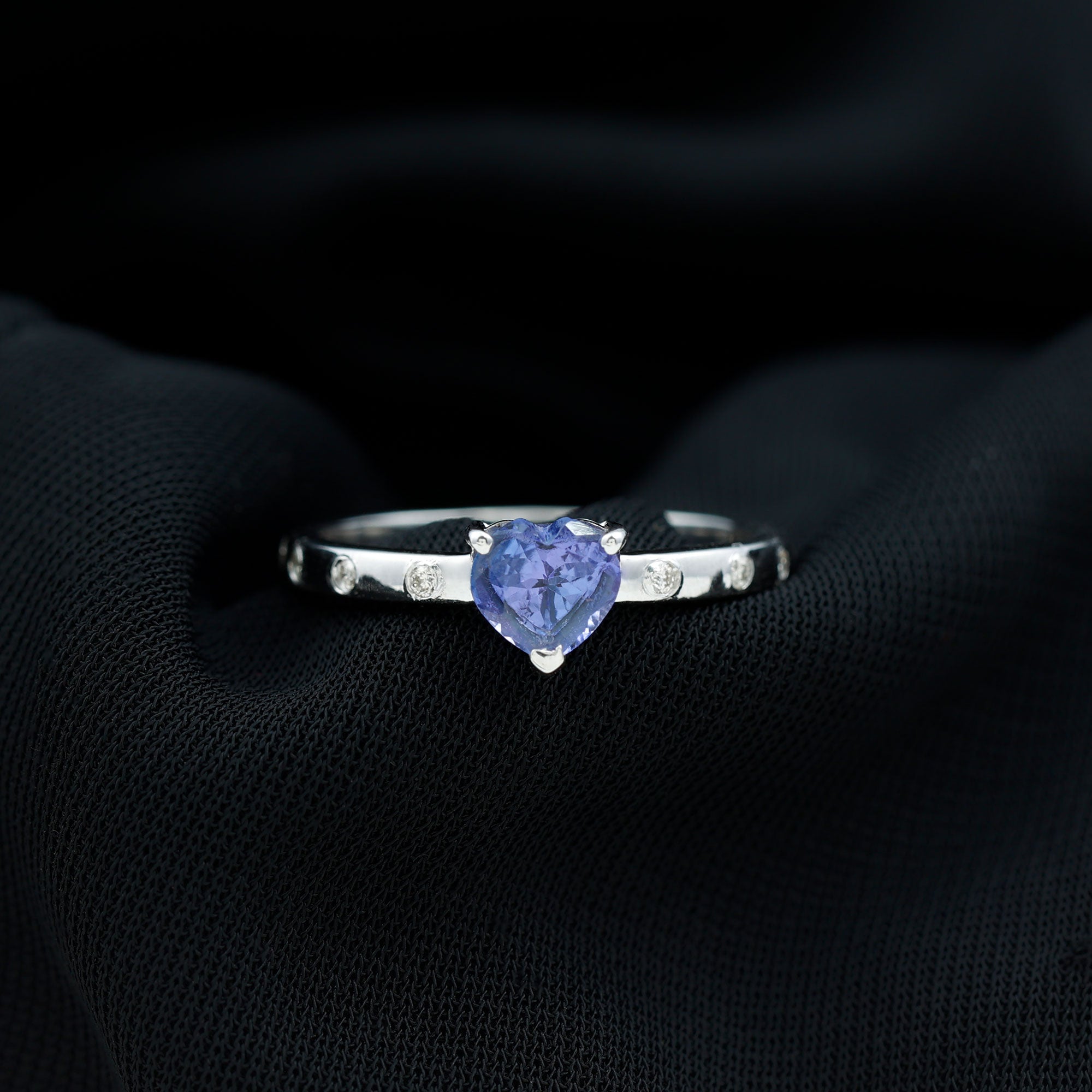 Heart Shape Tanzanite Solitaire Ring with Diamond Sleek Accent Tanzanite - ( AAA ) - Quality - Rosec Jewels