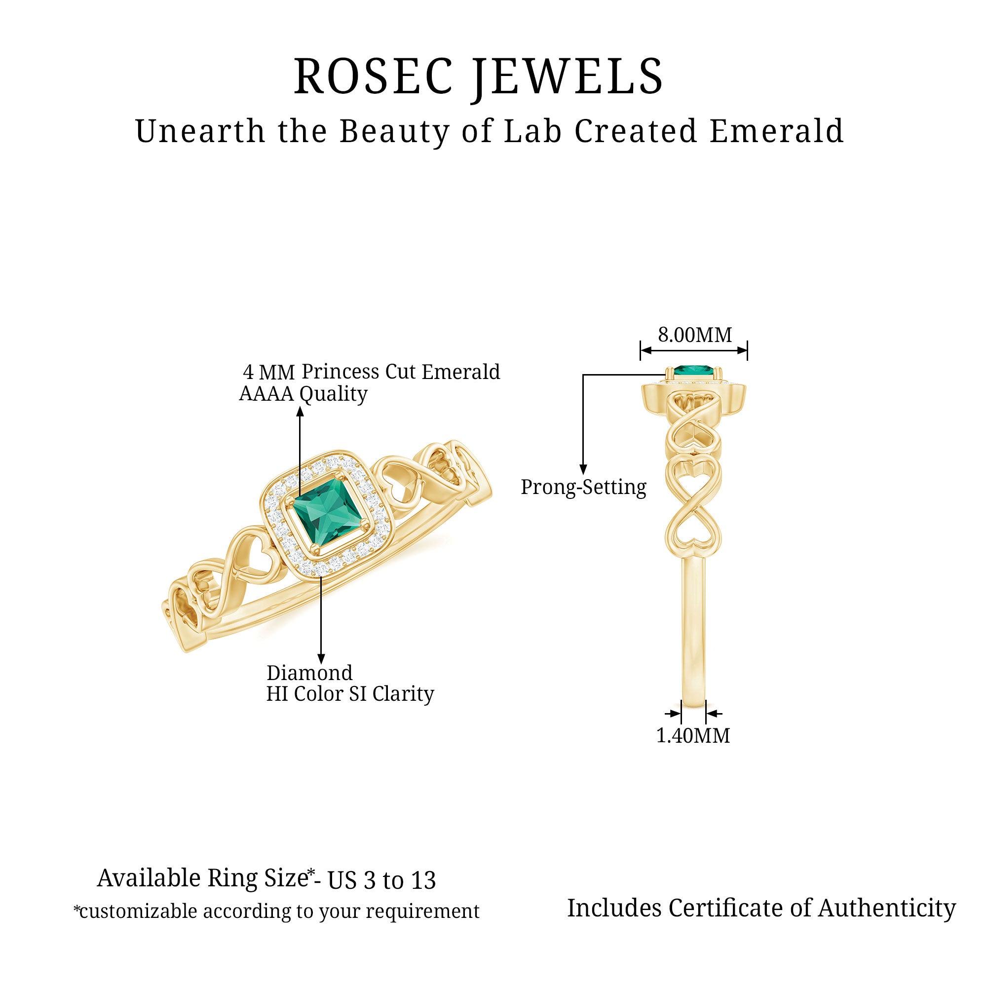 Princess Cut Lab Grown Emerald Infinity Heart Promise Ring with Diamond Halo Lab Created Emerald - ( AAAA ) - Quality - Rosec Jewels