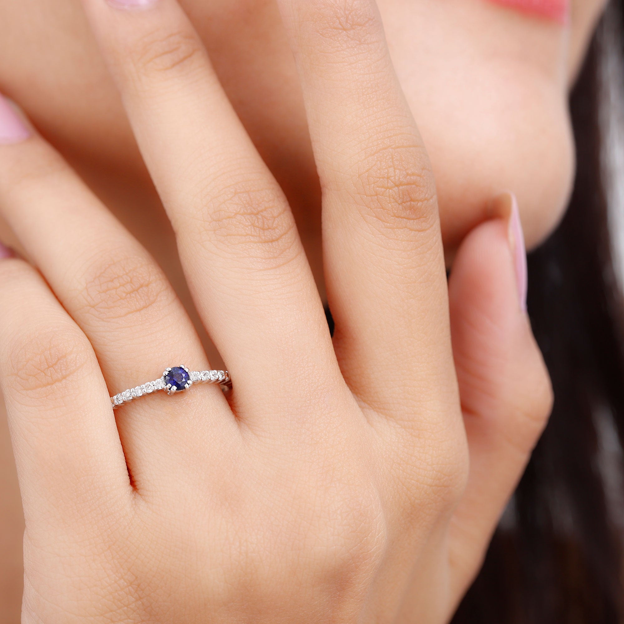 Round Blue Sapphire Dainty Promise Ring with Diamond Blue Sapphire - ( AAA ) - Quality - Rosec Jewels