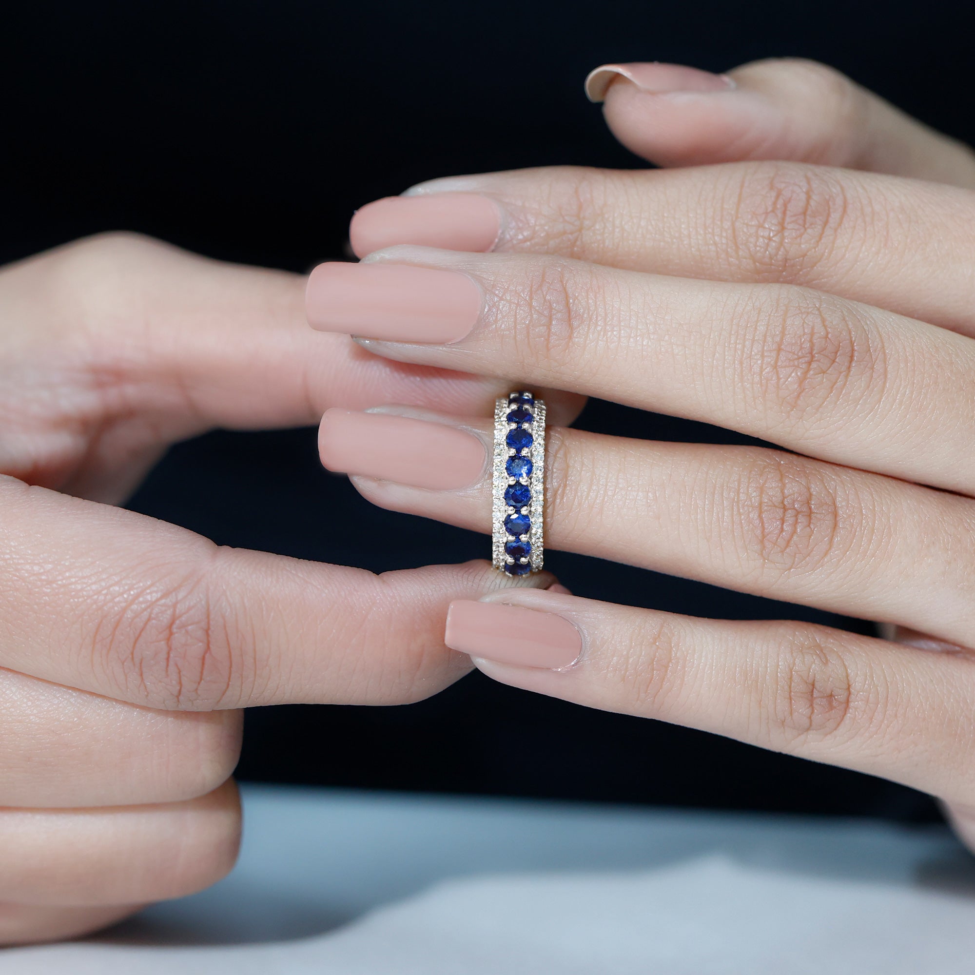 Minimal Created Blue Sapphire and Diamond Anniversary Band Ring Lab Created Blue Sapphire - ( AAAA ) - Quality - Rosec Jewels