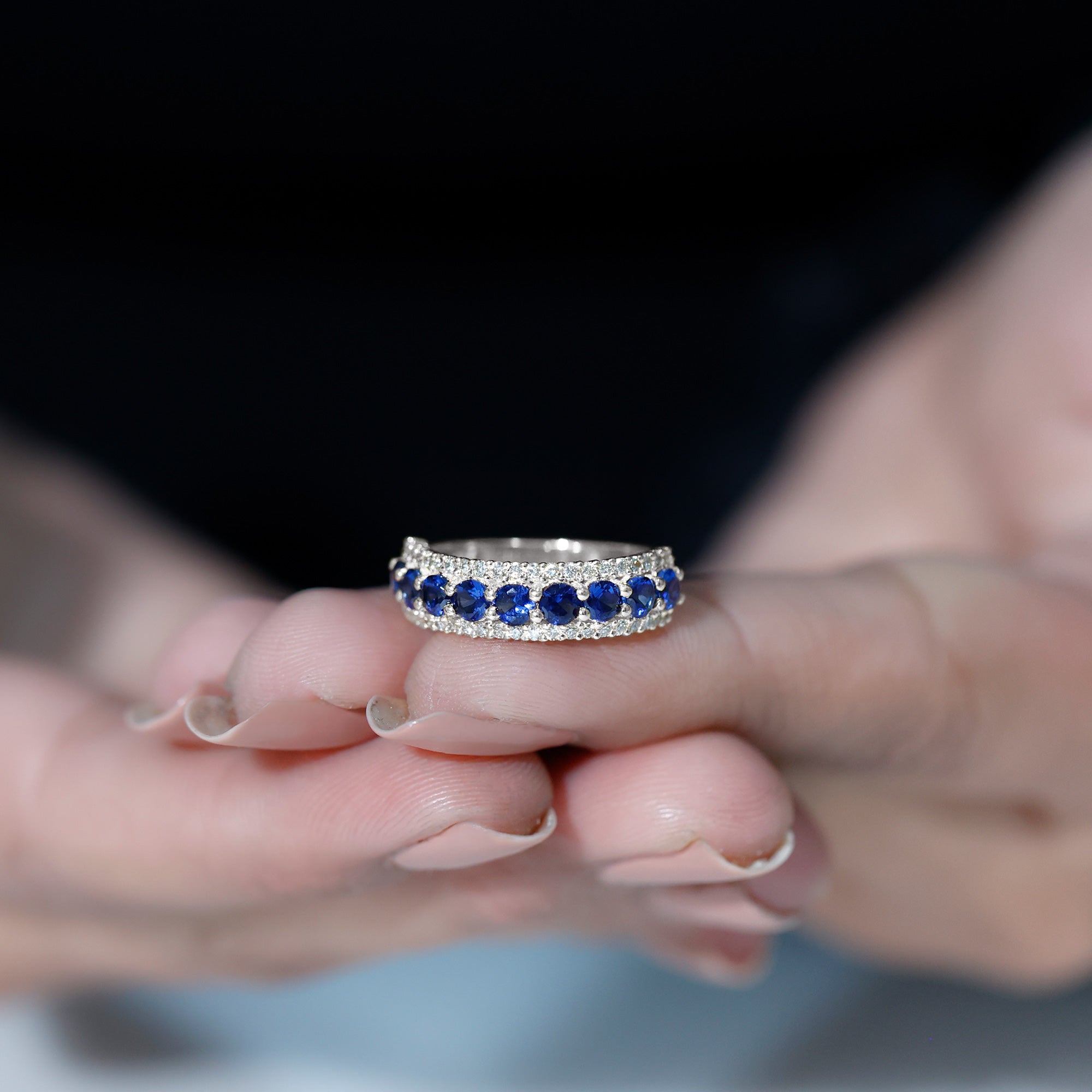 Minimal Created Blue Sapphire and Diamond Anniversary Band Ring Lab Created Blue Sapphire - ( AAAA ) - Quality - Rosec Jewels