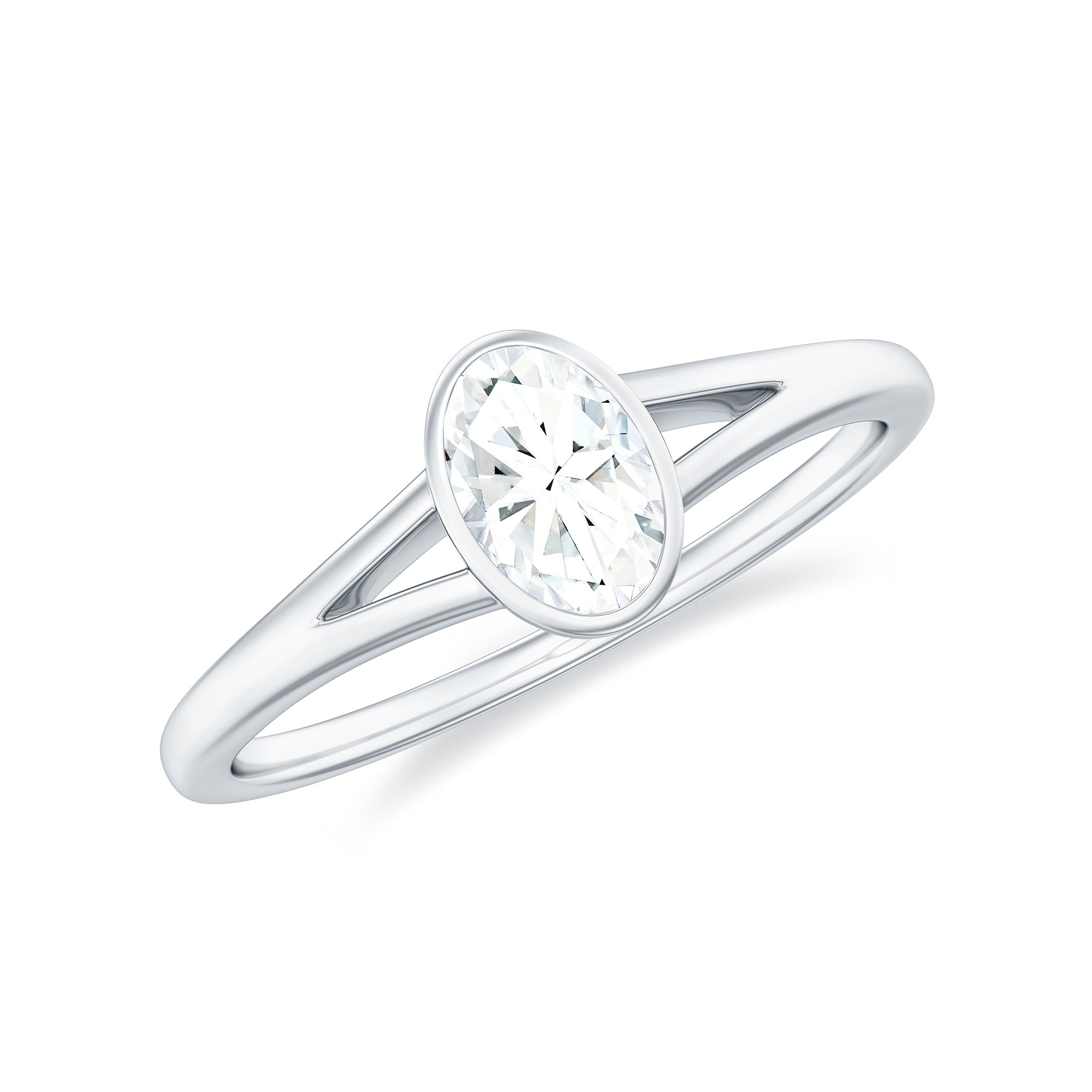 Bezel Set Oval Cut Moissanite Solitaire Promise Ring in Spilt Shank Moissanite - ( D-VS1 ) - Color and Clarity - Rosec Jewels